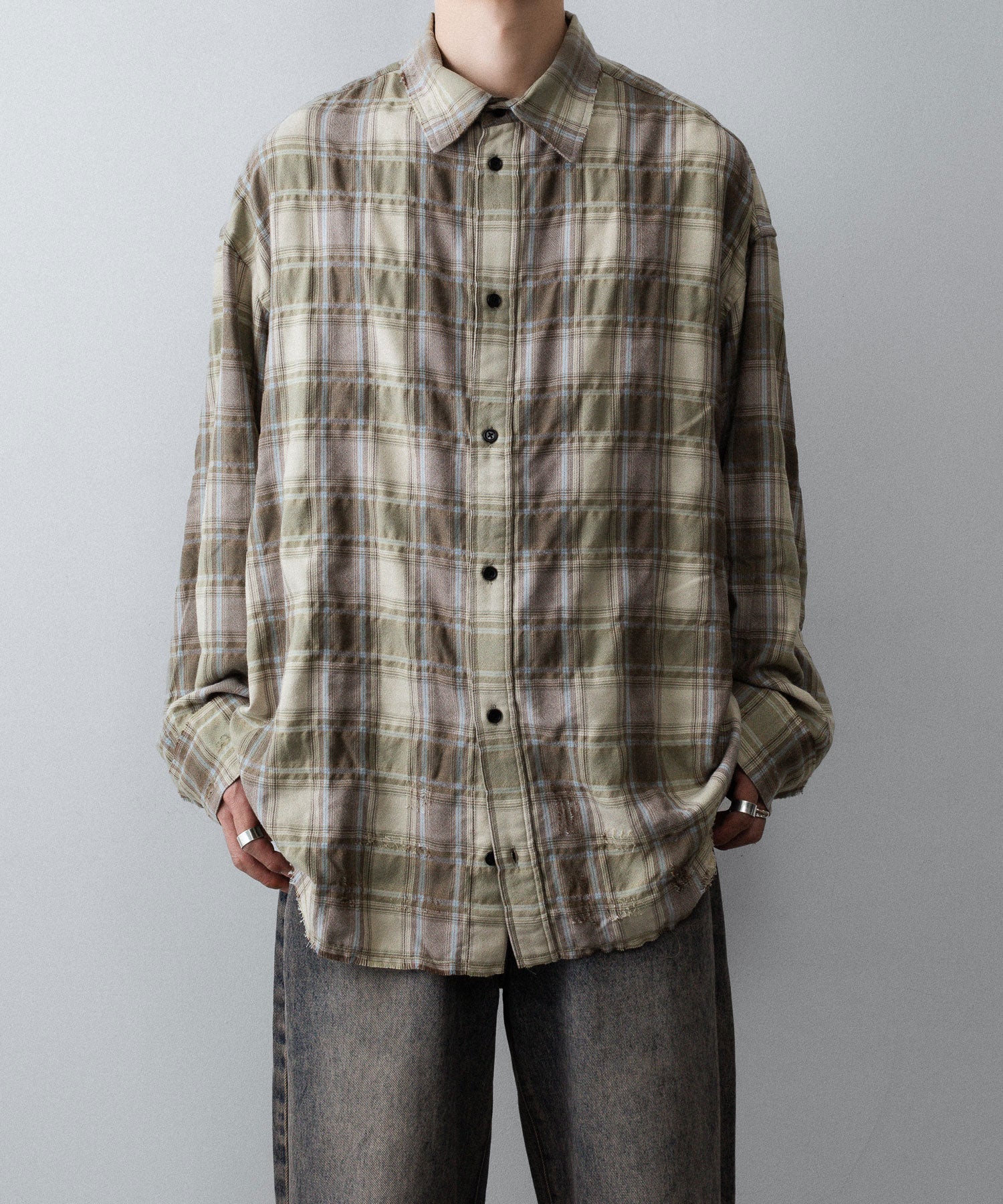 【CODA】YELLOW BROWN CHECKED WASHED THRASHED STRUCTURED SHIRT - YELLOW BROWN CHECK