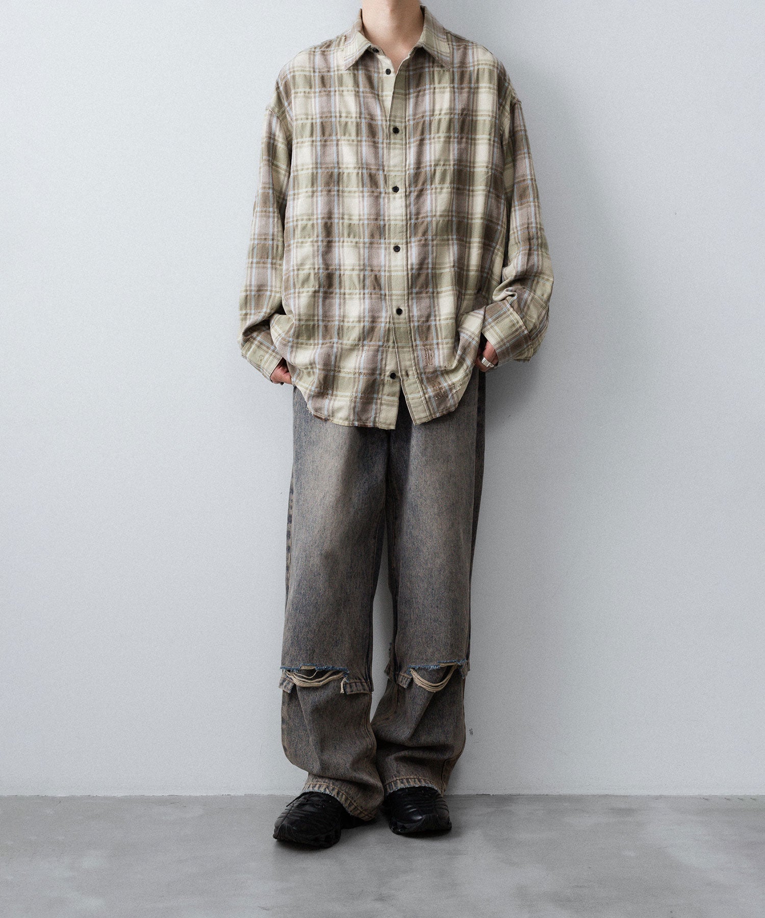 【CODA】YELLOW BROWN CHECKED WASHED THRASHED STRUCTURED SHIRT - YELLOW BROWN CHECK