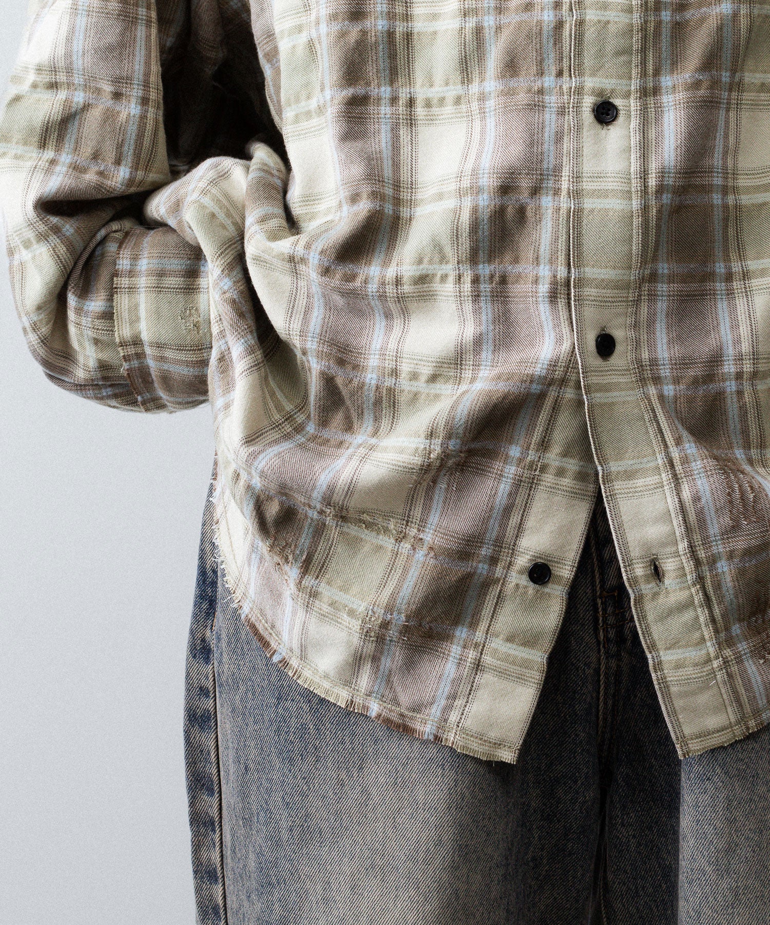【CODA】YELLOW BROWN CHECKED WASHED THRASHED STRUCTURED SHIRT - YELLOW BROWN CHECK