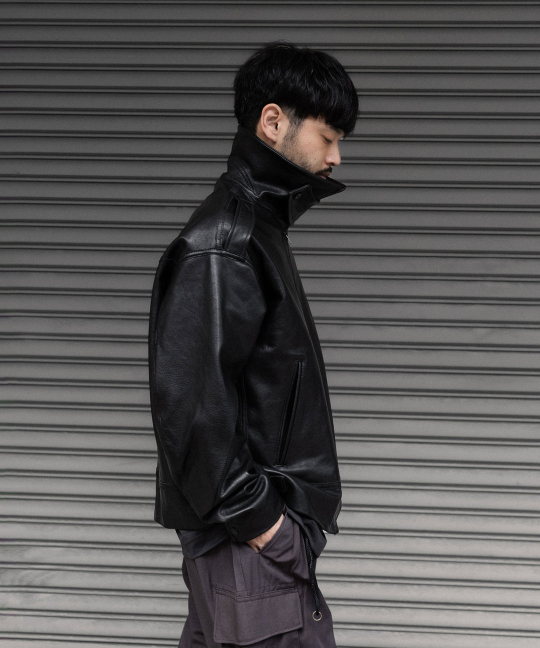 【ANTHEM A】LAMB LEATHER MILITARY BLOUSON - BLACK