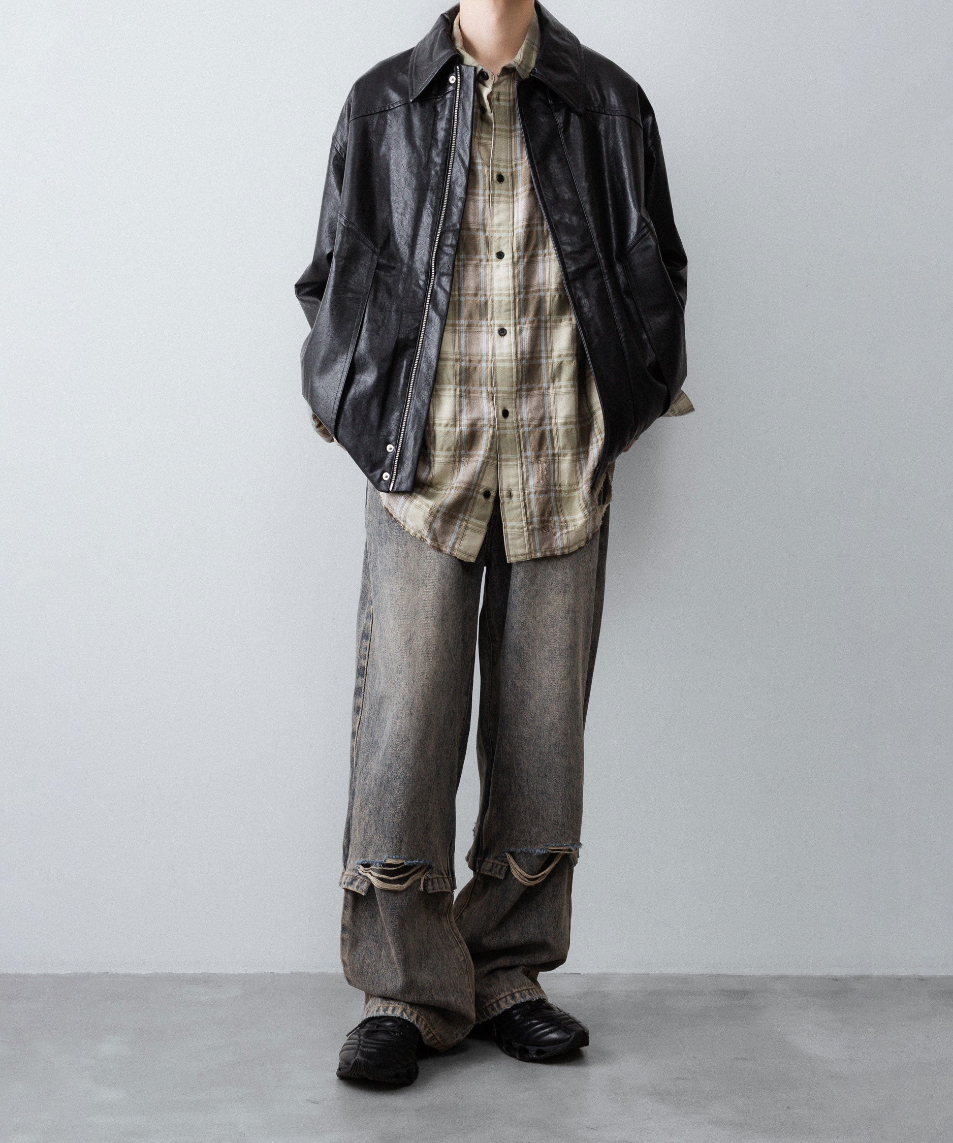 【CODA】YELLOW BROWN CHECKED WASHED THRASHED STRUCTURED SHIRT - YELLOW BROWN CHECK