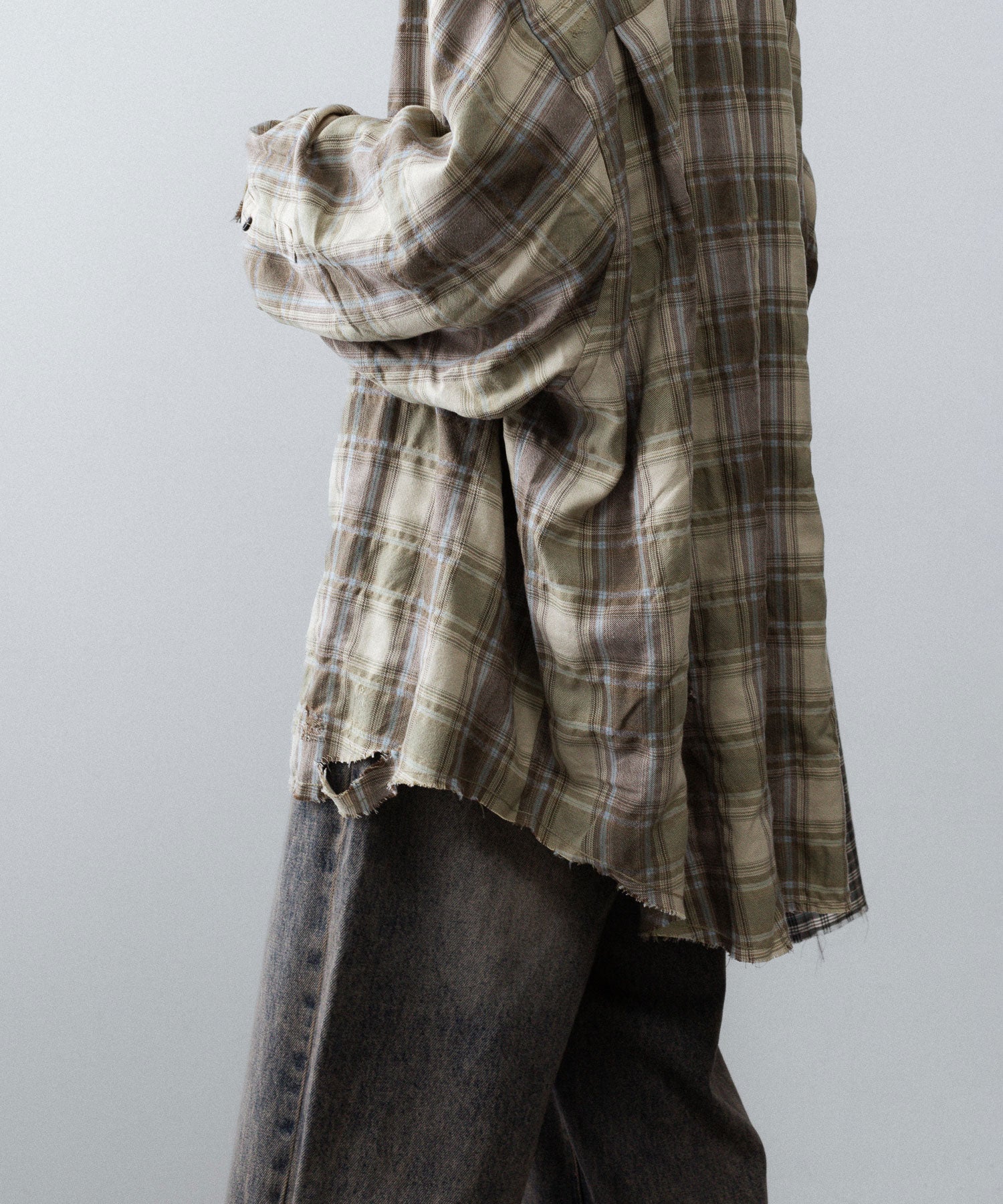 【CODA】YELLOW BROWN CHECKED WASHED THRASHED STRUCTURED SHIRT - YELLOW BROWN CHECK
