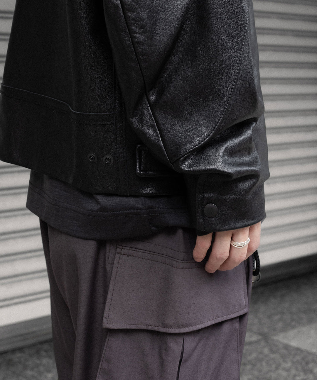 【ANTHEM A】LAMB LEATHER MILITARY BLOUSON - BLACK