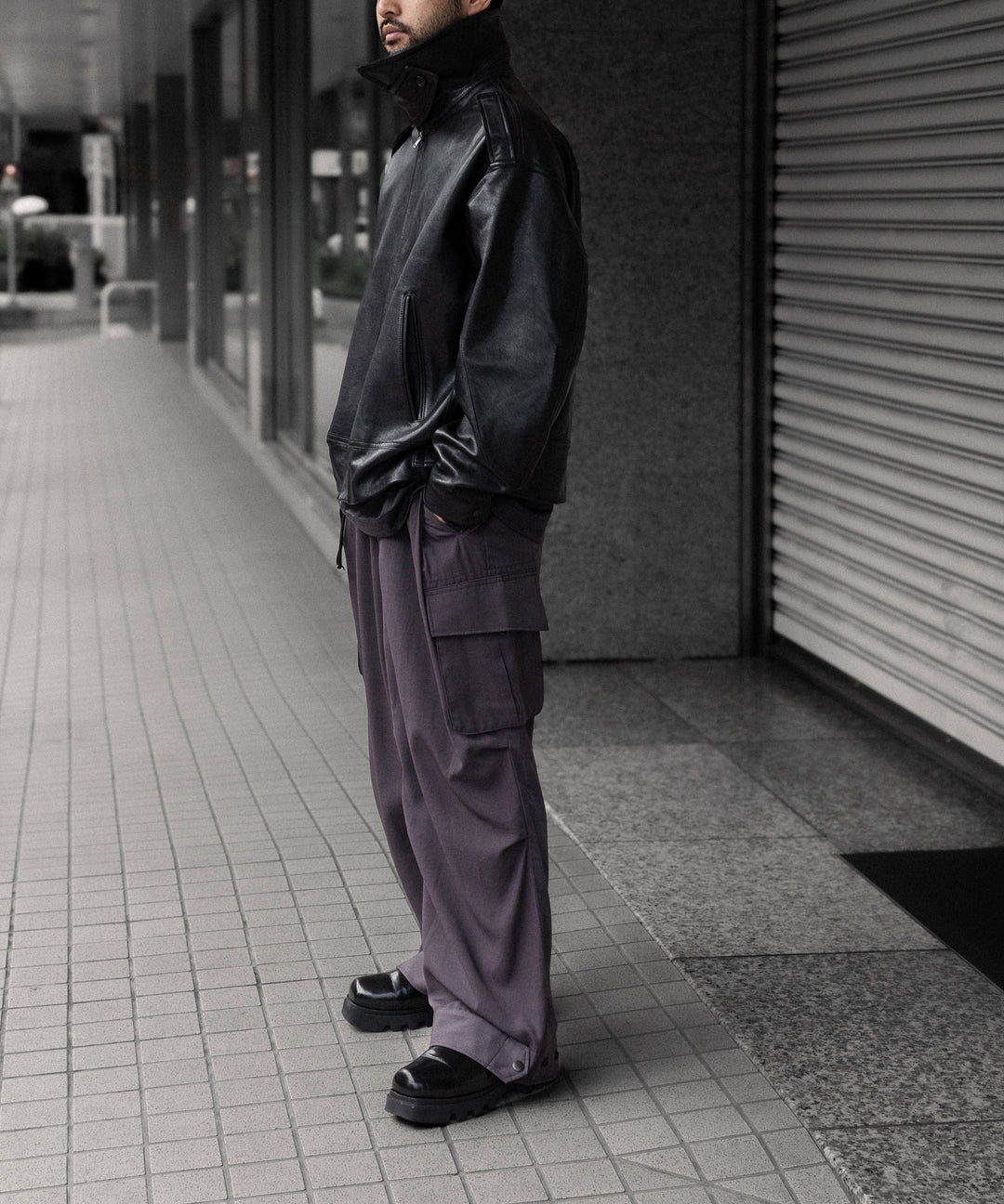 【ANTHEM A】LAMB LEATHER MILITARY BLOUSON - BLACK