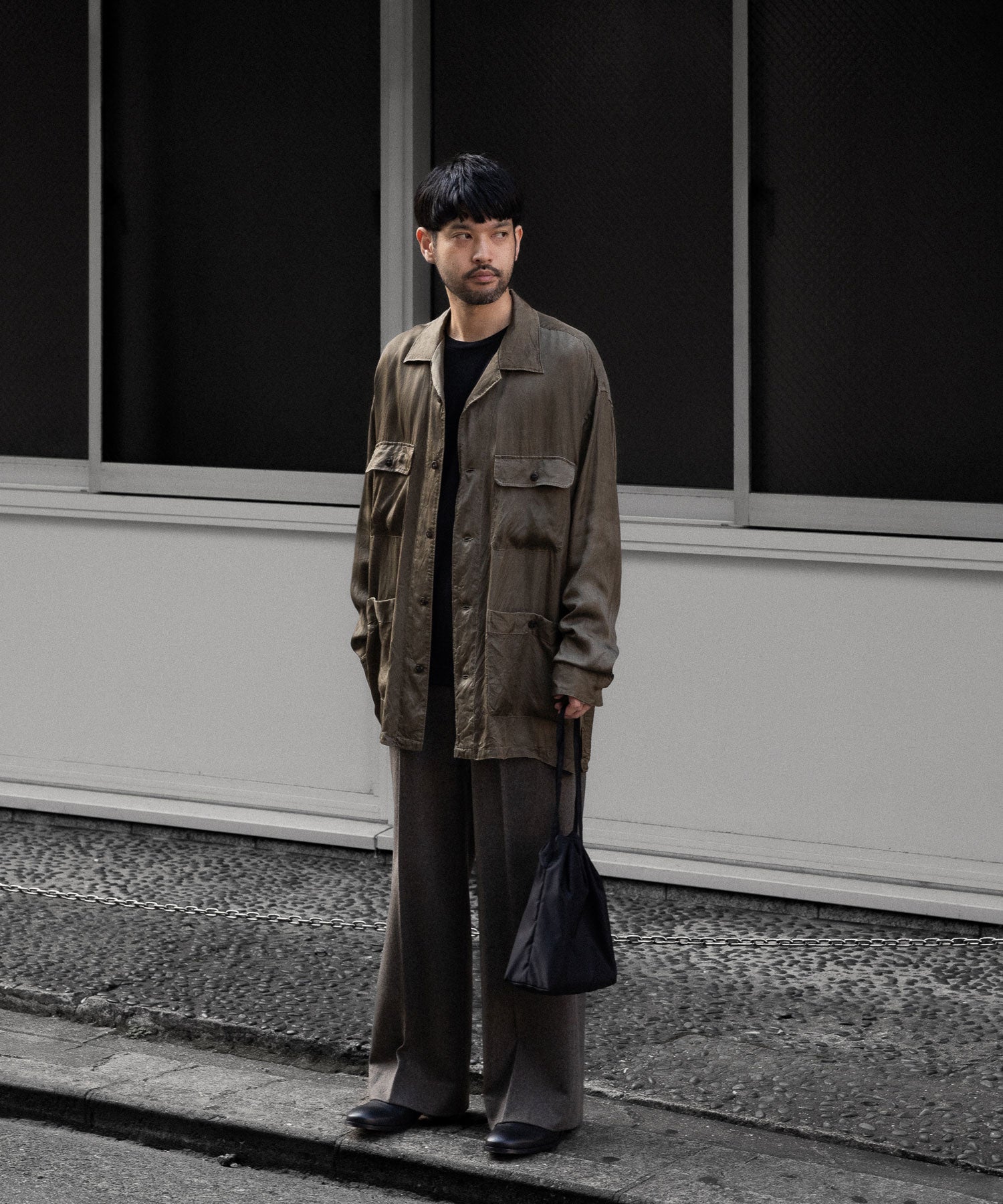 【ANTHEM A】PIGMENT CUPRO OPEN COLLAR SHIRT - KHAKI