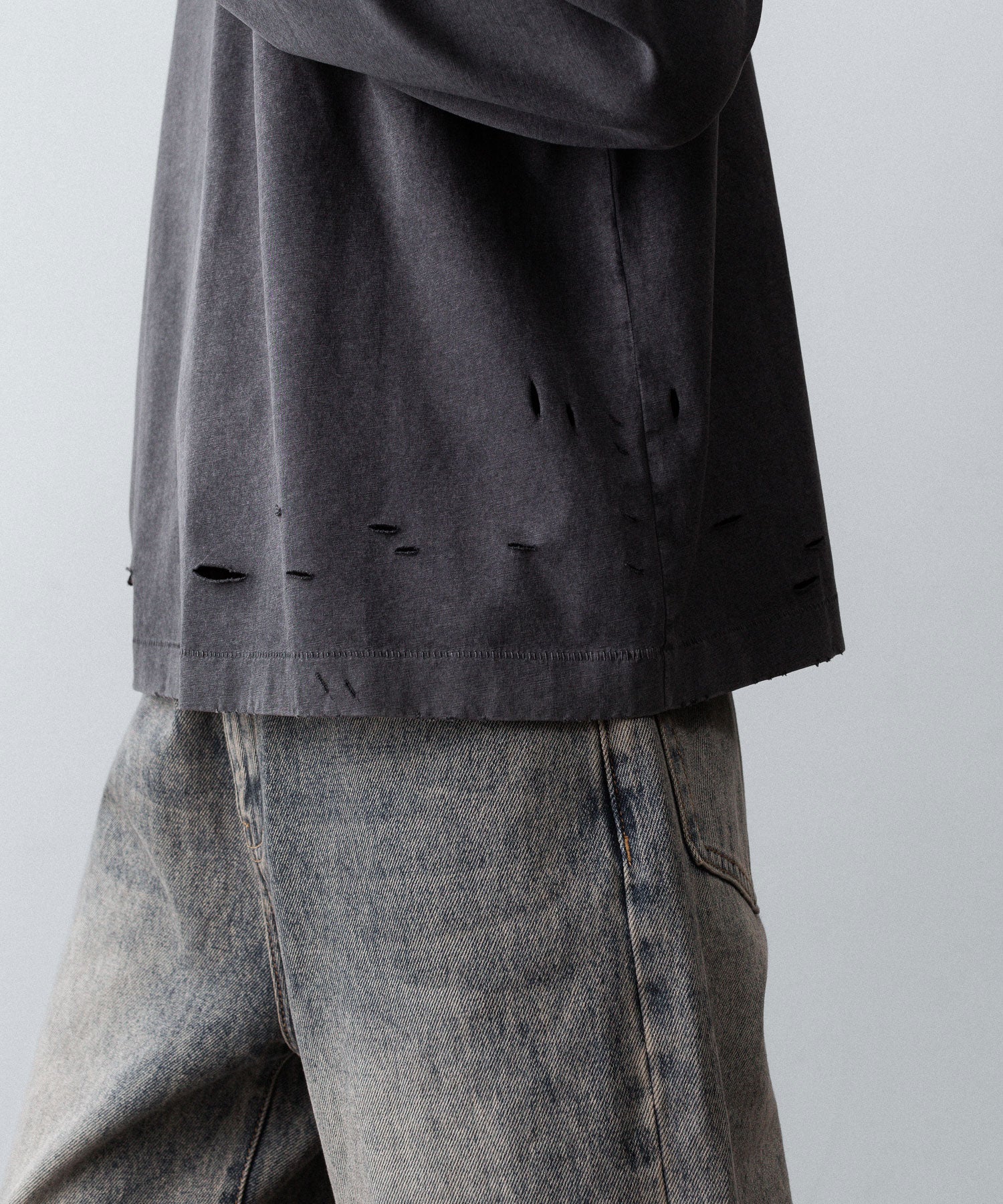 【CODA】FADED BLACK AGING DAMAGED LONG SLEEVE T-SHIRT - FADED BLACK