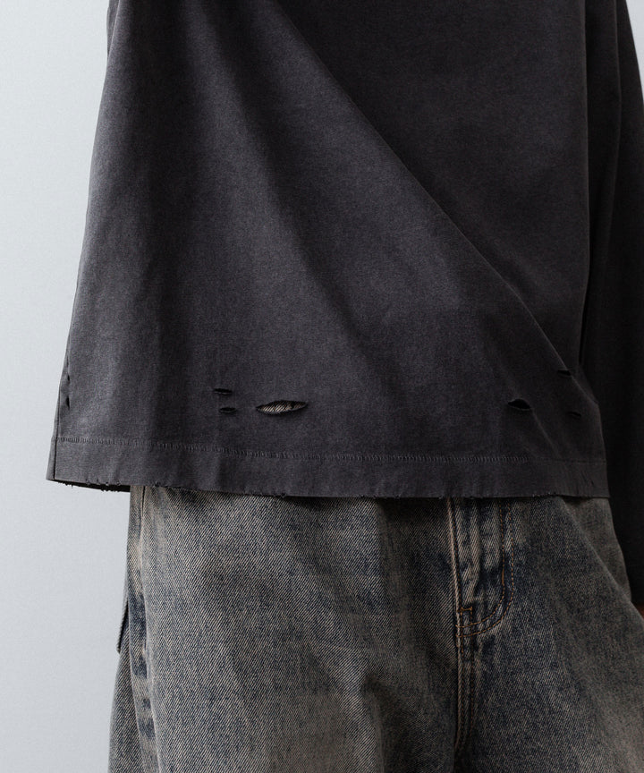 【CODA】FADED BLACK AGING DAMAGED LONG SLEEVE T-SHIRT - FADED BLACK