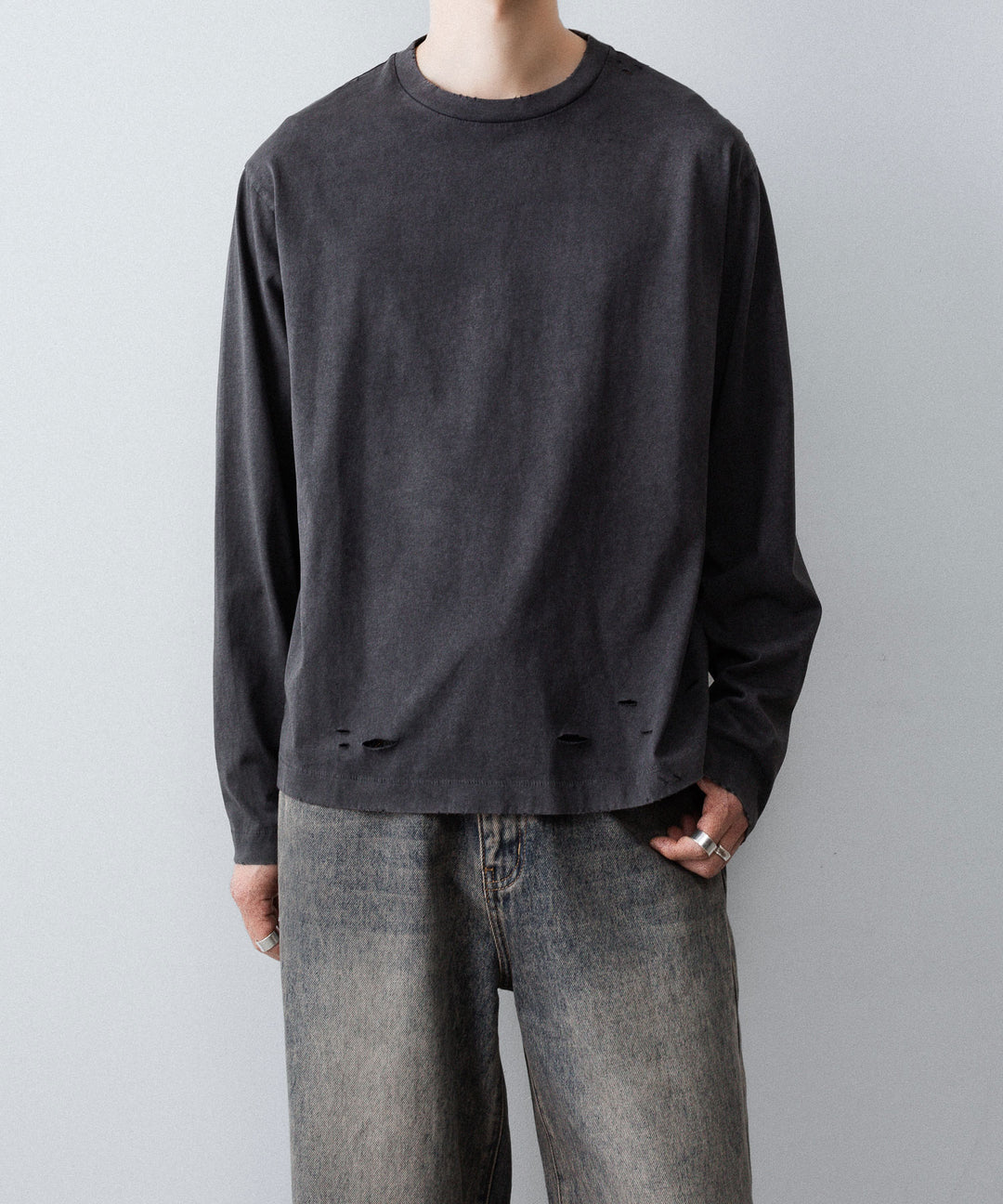 【CODA】FADED BLACK AGING DAMAGED LONG SLEEVE T-SHIRT - FADED BLACK