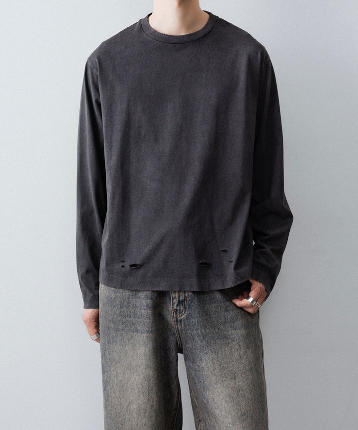 【CODA】FADED BLACK AGING DAMAGED LONG SLEEVE T-SHIRT - FADED BLACK