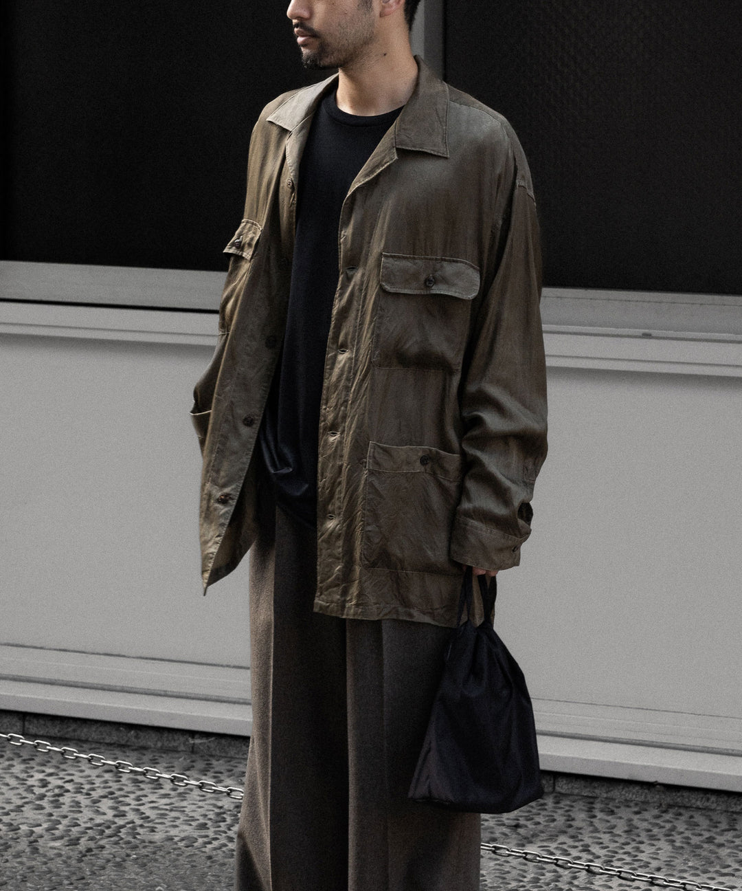 【ANTHEM A】PIGMENT CUPRO OPEN COLLAR SHIRT - KHAKI