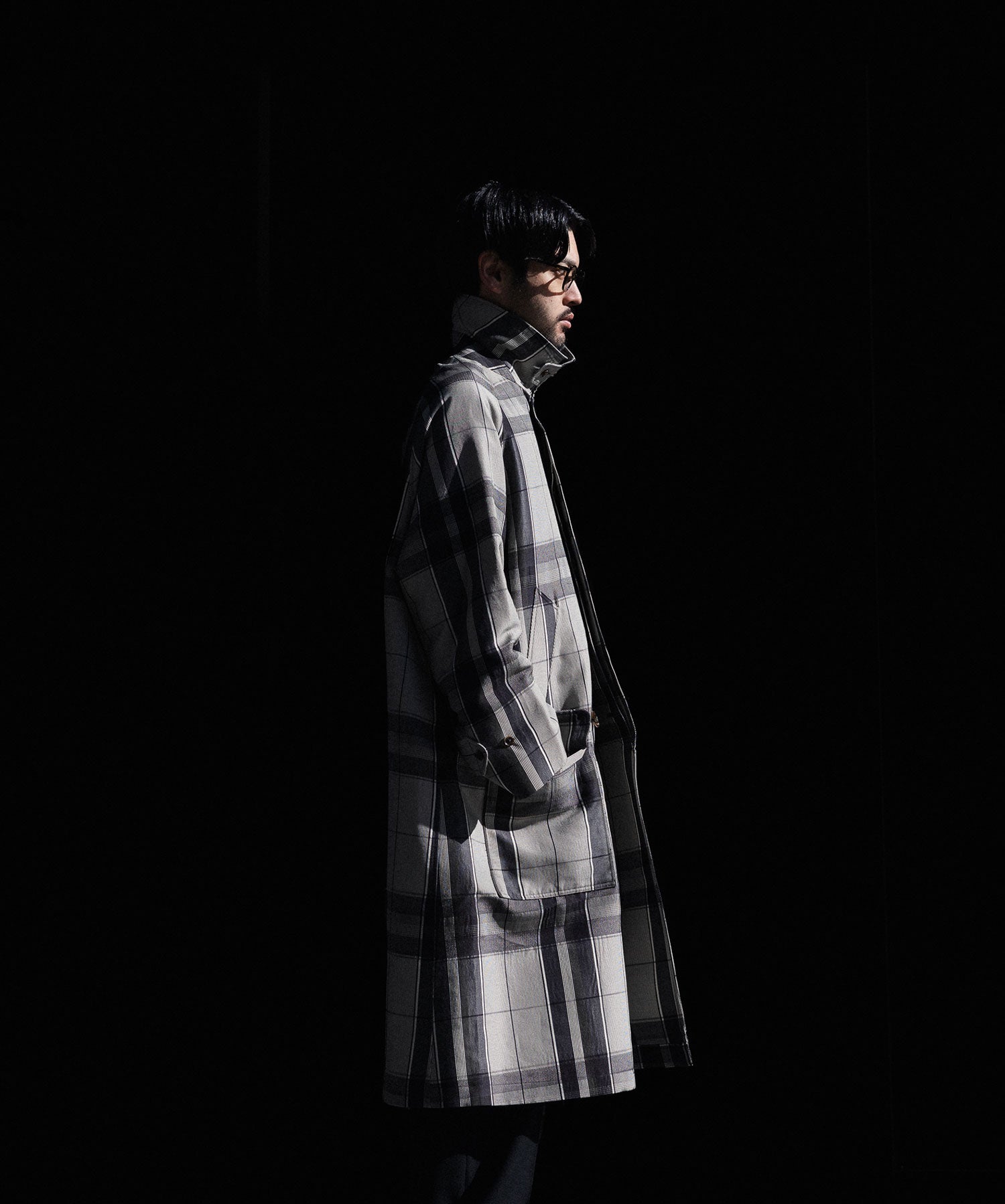 【INTÉRIM】HYPER BIG WOOL AND SILK LARGE CHECK CANVAS SINGLE RAGLAN 4PK FLAP COAT -  SHALE CHECK