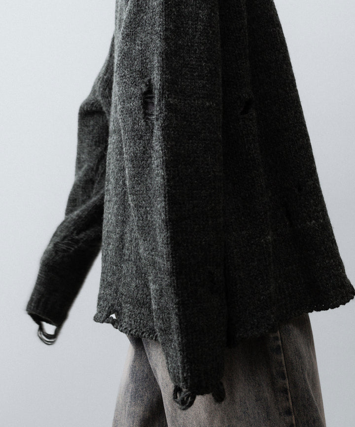 【CODA】DARK GREY 90S ROUND NECK THRASHED CARDIGAN - DARK GREY