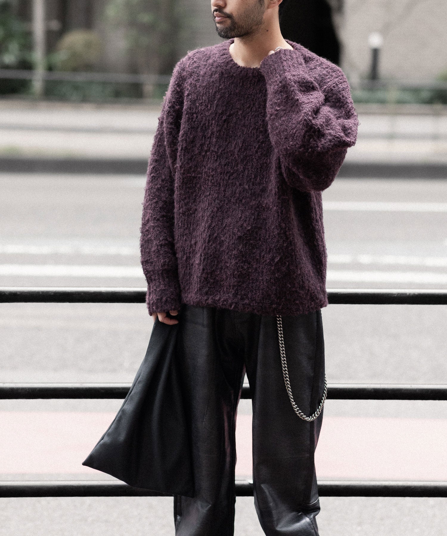 【ANTHEM A】MIX FUR MOLE KNIT CREWNECK - DARK CHERRY