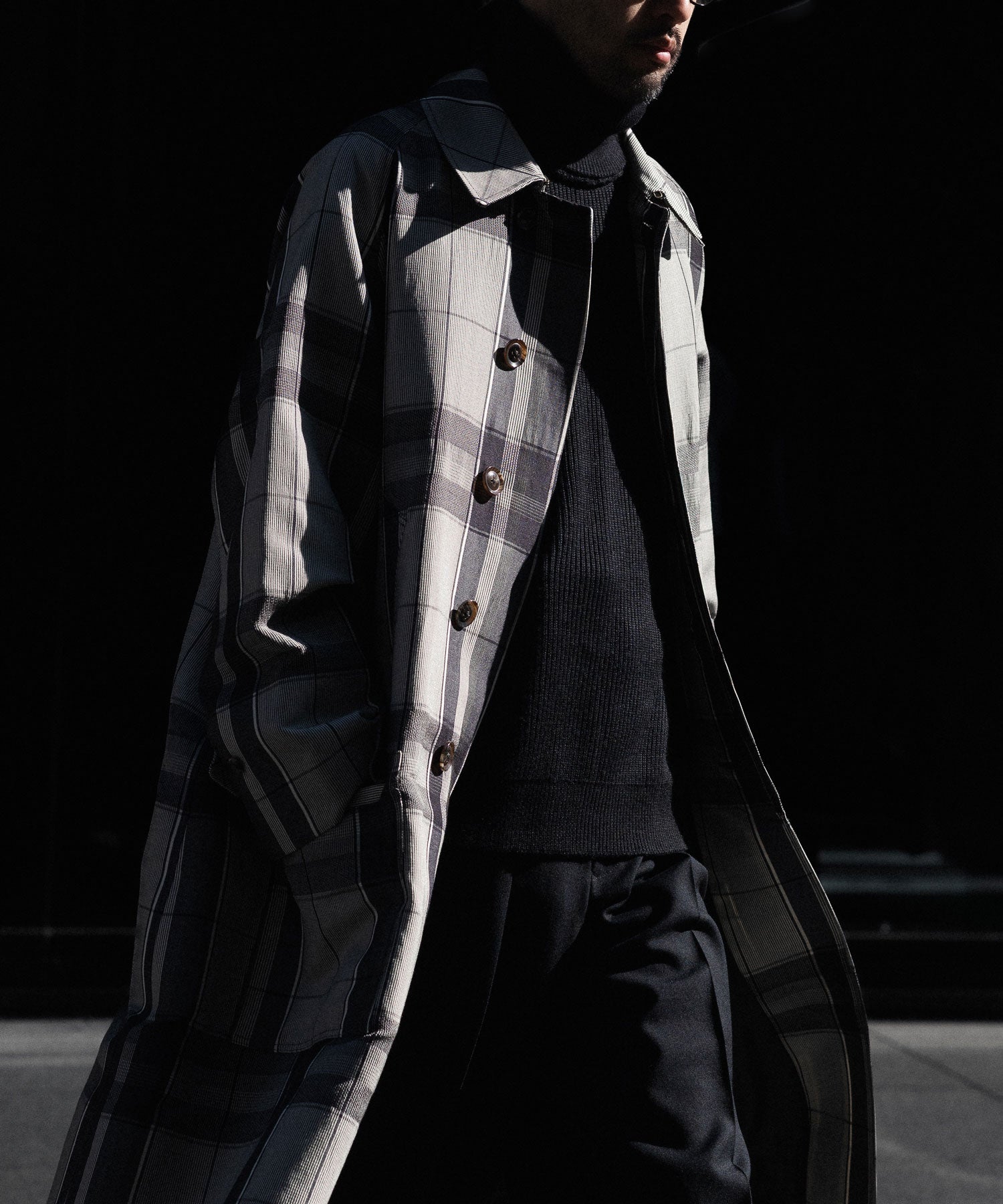 【INTÉRIM】HYPER BIG WOOL AND SILK LARGE CHECK CANVAS SINGLE RAGLAN 4PK FLAP COAT -  SHALE CHECK