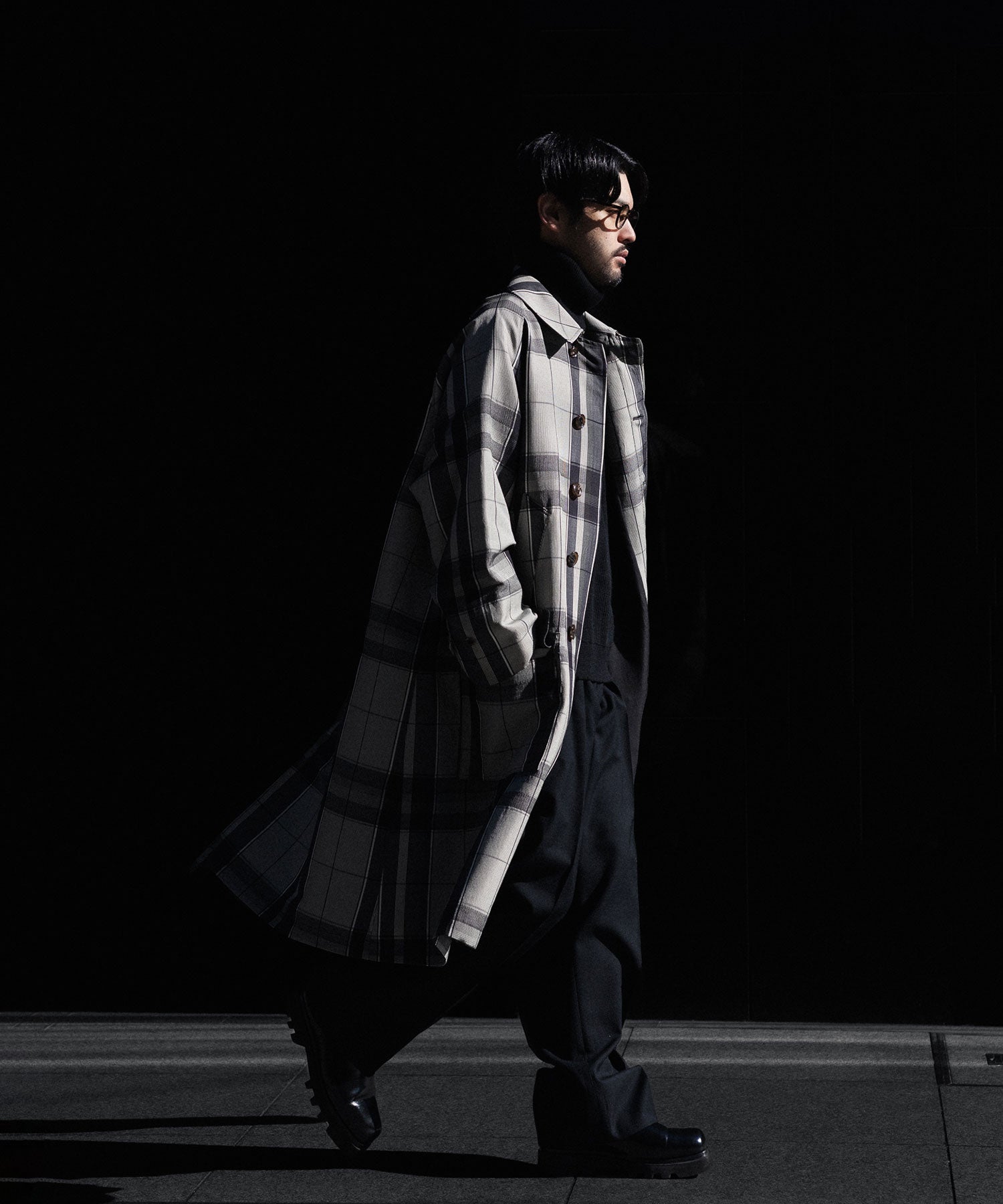 【INTÉRIM】HYPER BIG WOOL AND SILK LARGE CHECK CANVAS SINGLE RAGLAN 4PK FLAP COAT -  SHALE CHECK
