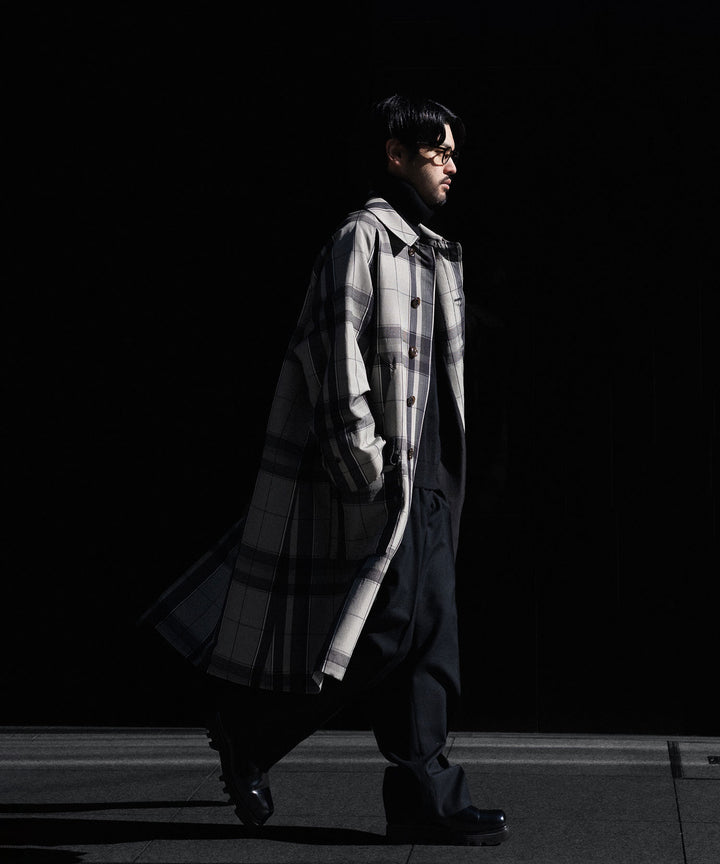 【INTÉRIM】HYPER BIG WOOL AND SILK LARGE CHECK CANVAS SINGLE RAGLAN 4PK FLAP COAT -  SHALE CHECK