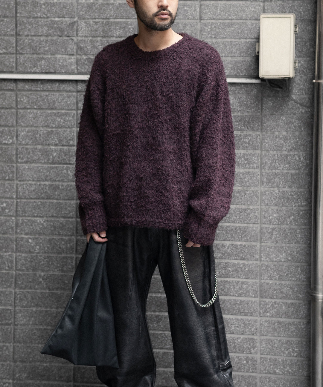 【ANTHEM A】MIX FUR MOLE KNIT CREWNECK - DARK CHERRY