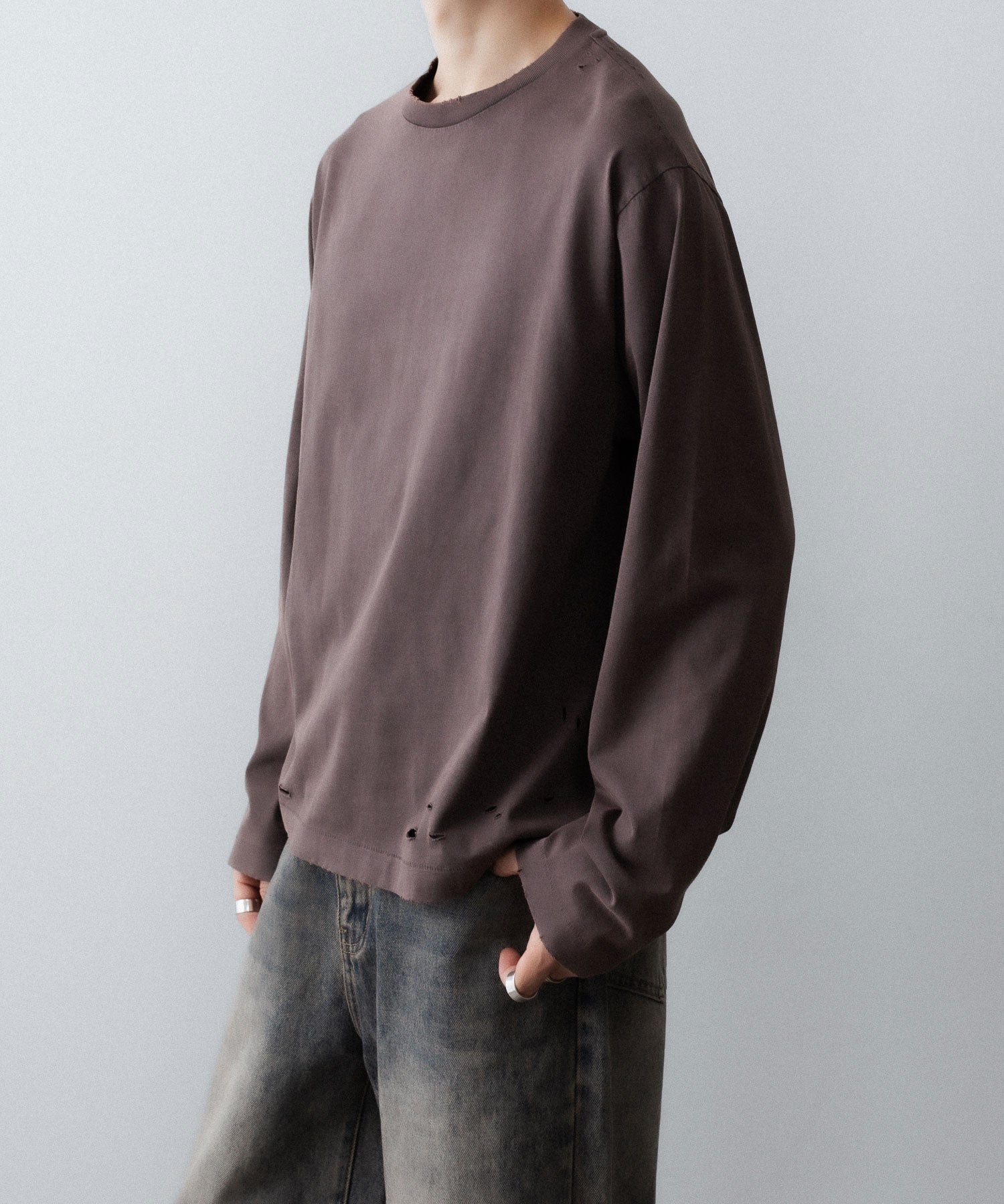 【CODA】FADED GREY AGING DAMAGED LONG SLEEVE T-SHIRT - FADED GREY