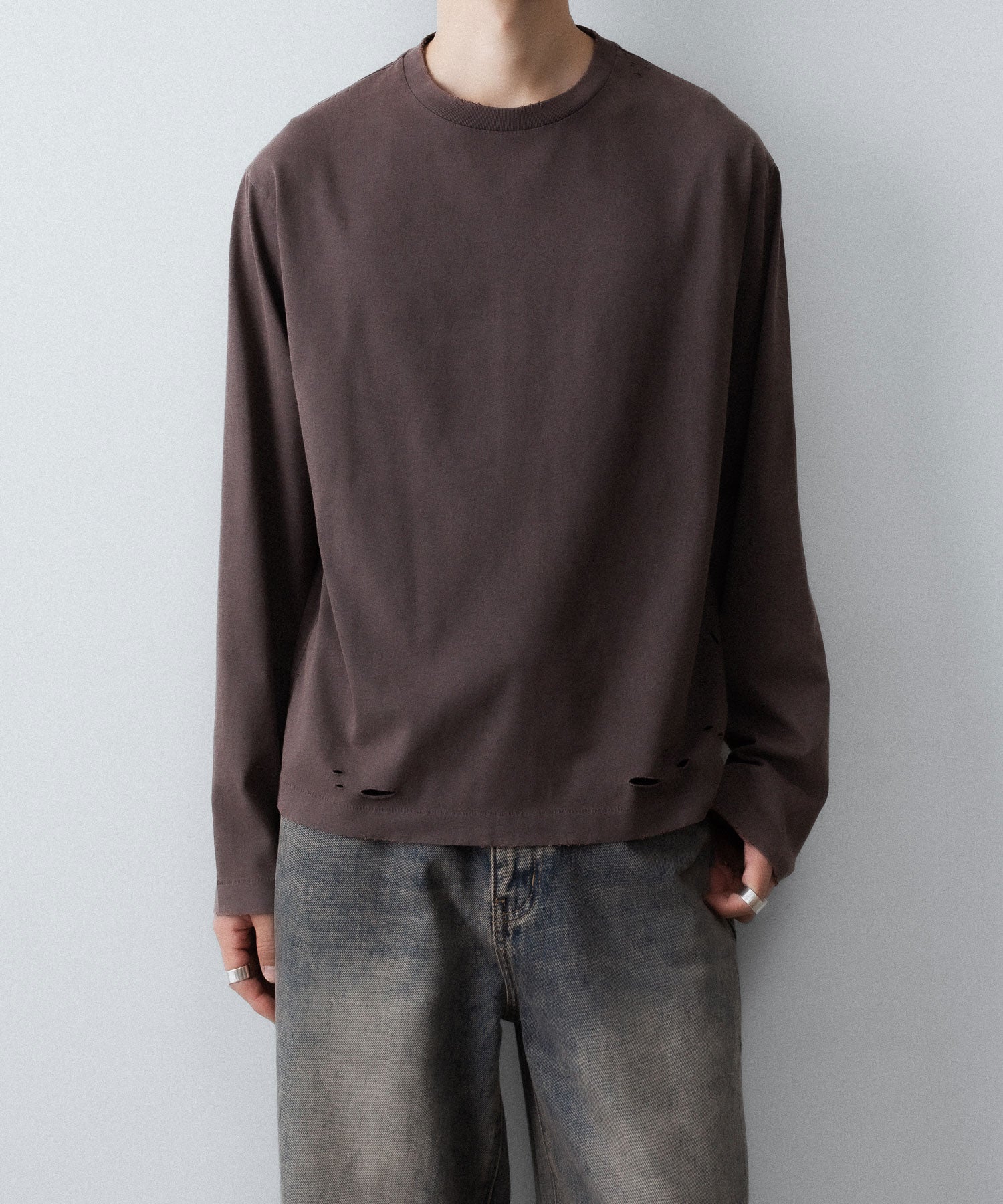 【CODA】FADED GREY AGING DAMAGED LONG SLEEVE T-SHIRT - FADED GREY