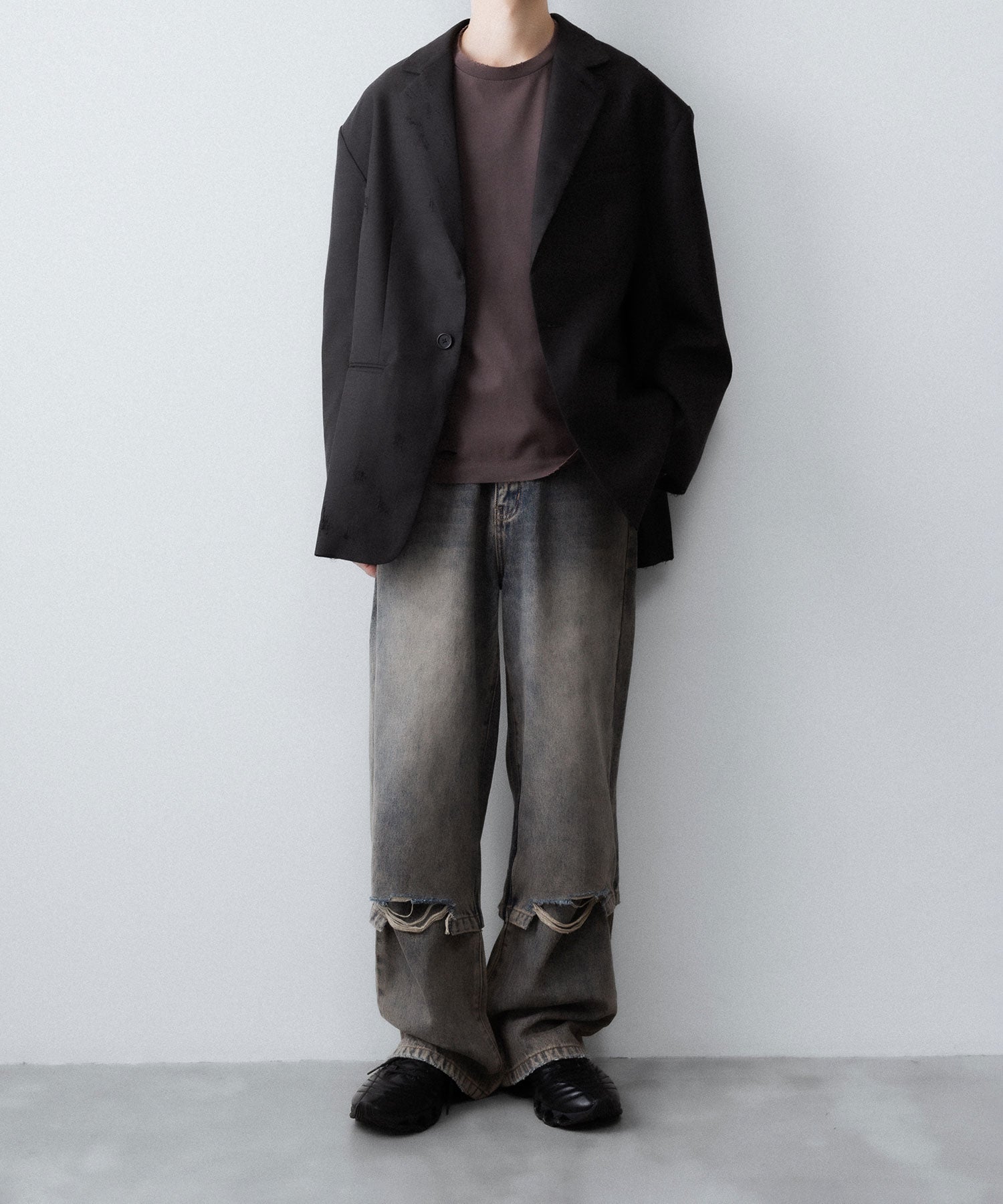 【CODA】FADED GREY AGING DAMAGED LONG SLEEVE T-SHIRT - FADED GREY
