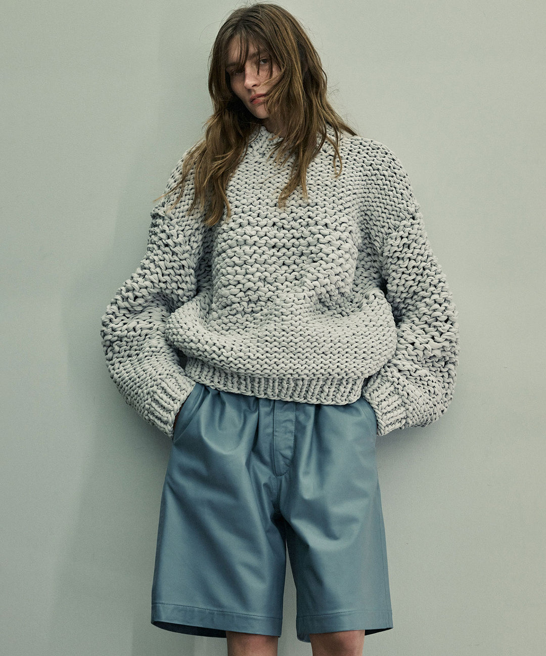 【stein】LEATHER WIDE EASY SHORT TROUSERS - BLUE GREY