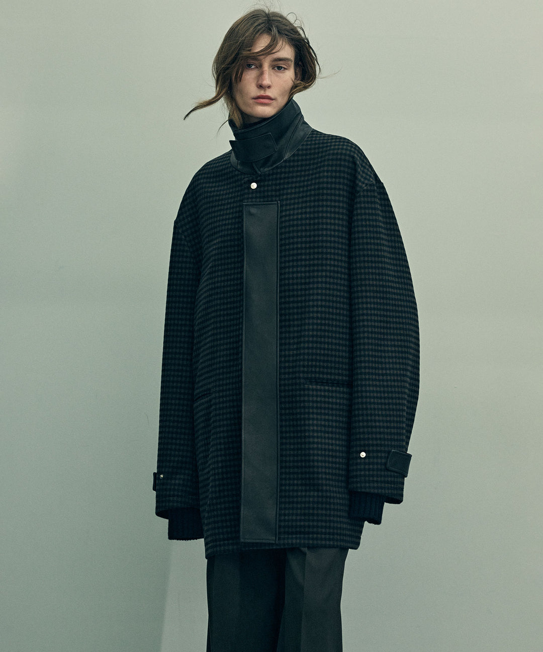 stein(シュタイン)の23AWコレクションLEATHER FLY FRONT LONG JACKETのGINGHAM