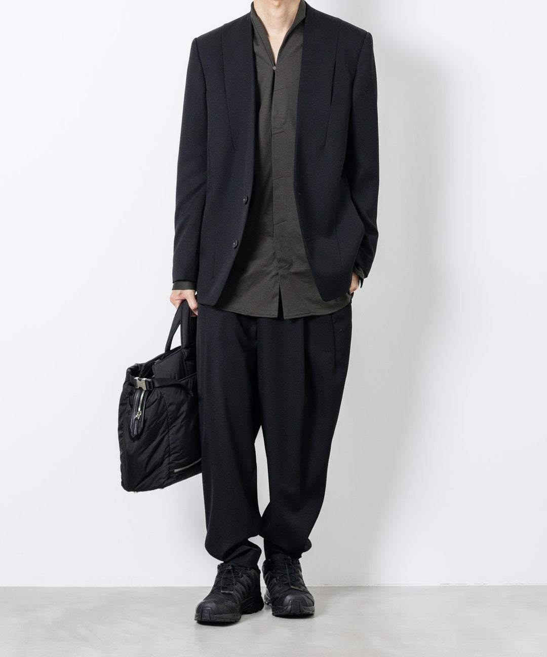 【ato】WOOL TWILL NO COLLAR JACKET - BLACK