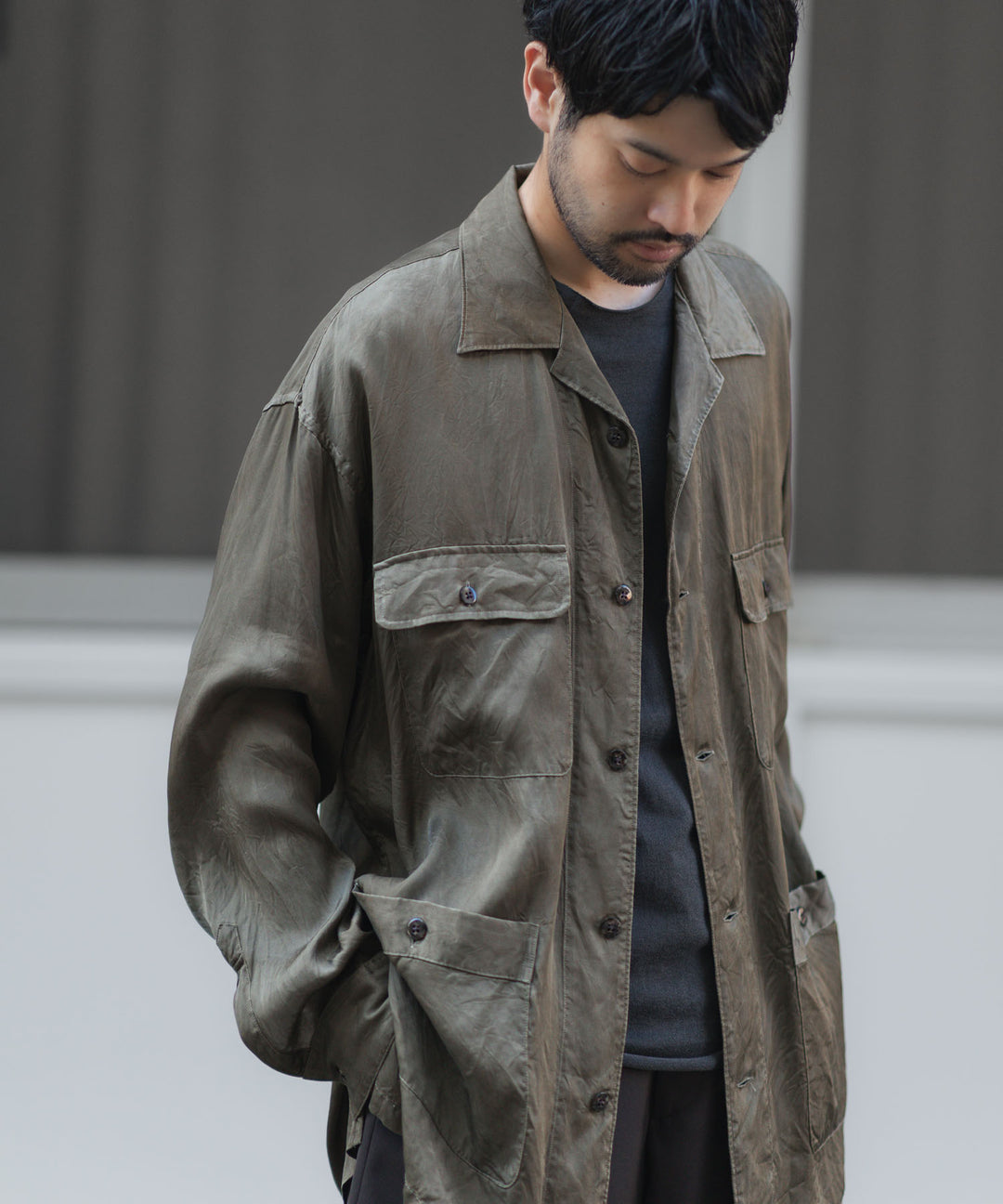 ANTHEM A-アンセムエーのPIGMENT CUPRO OPEN COLLAR SHIRTのKHAKI 公式通販サイトsession福岡セレクトショップ