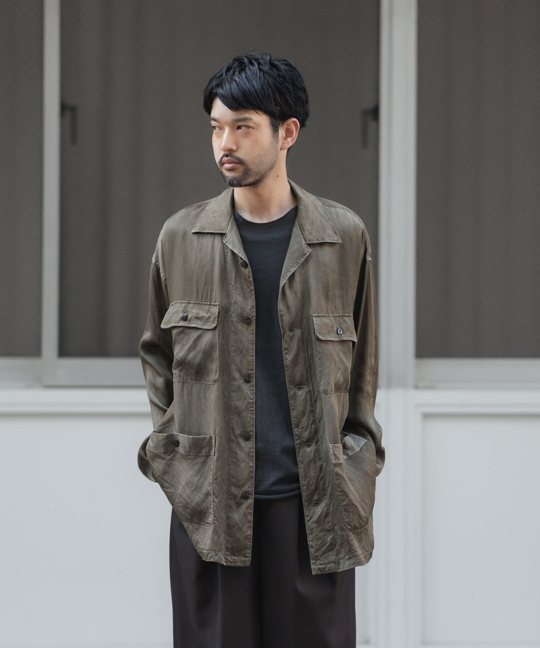 ANTHEM A-アンセムエーのPIGMENT CUPRO OPEN COLLAR SHIRTのKHAKI 公式通販サイトsession福岡セレクトショップ