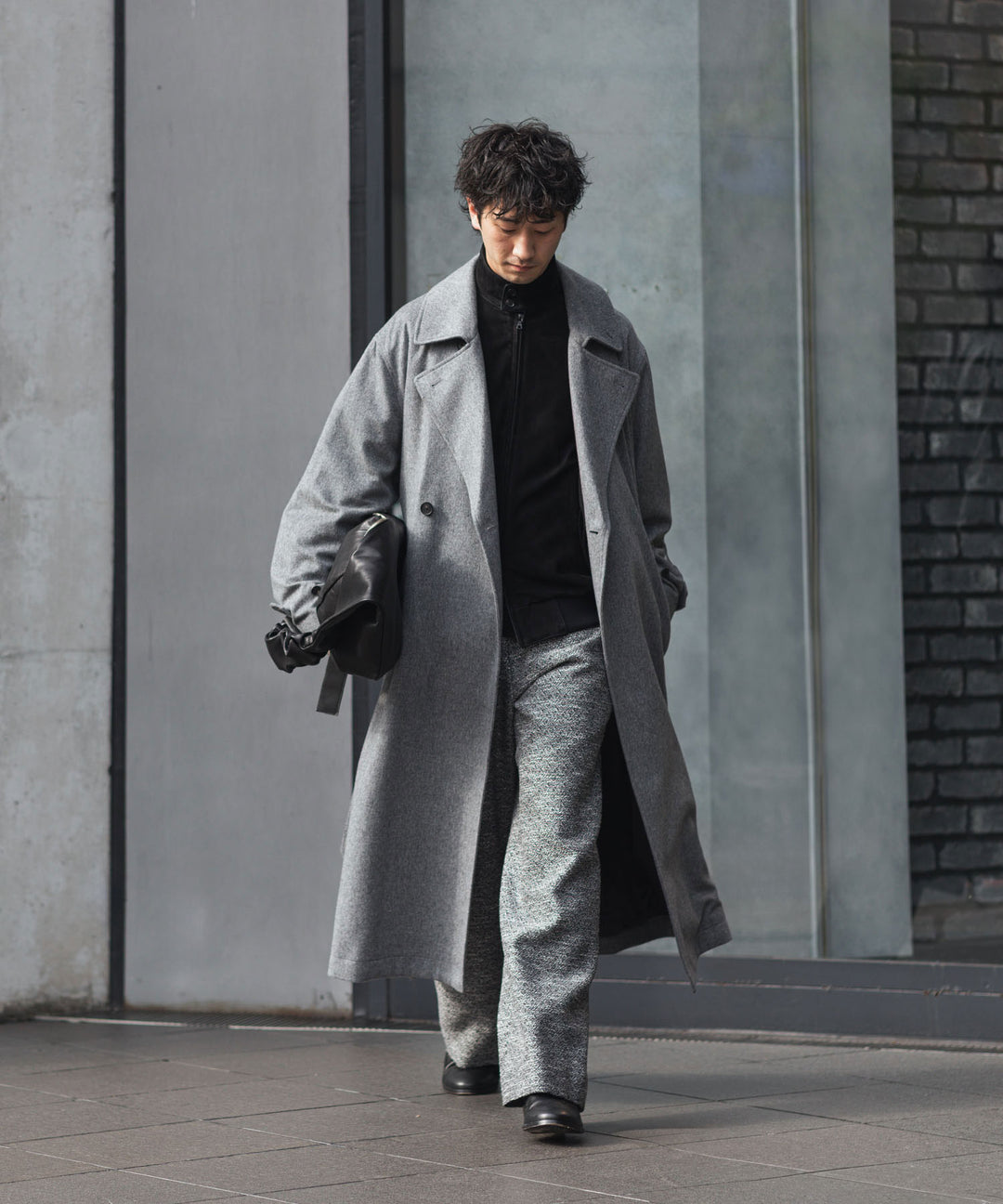INTÉRIM - インテリムのDOUBLE SIDED JACQUARD TWEED DEAD STOCK WIDE DRESS EASY PANTSのBLACK