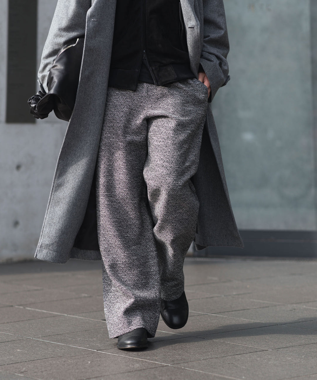 INTÉRIM - インテリムのDOUBLE SIDED JACQUARD TWEED DEAD STOCK WIDE DRESS EASY PANTSのBLACK