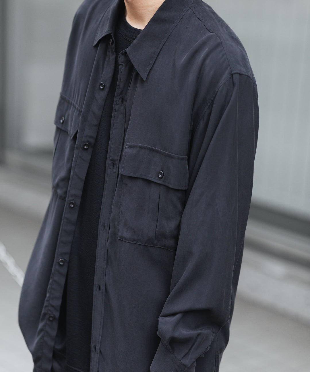 【 ATTACHMENT 】CU/RY FIBRIL TAFFETA PATCH POCKET L/S SHIRT - BLACK