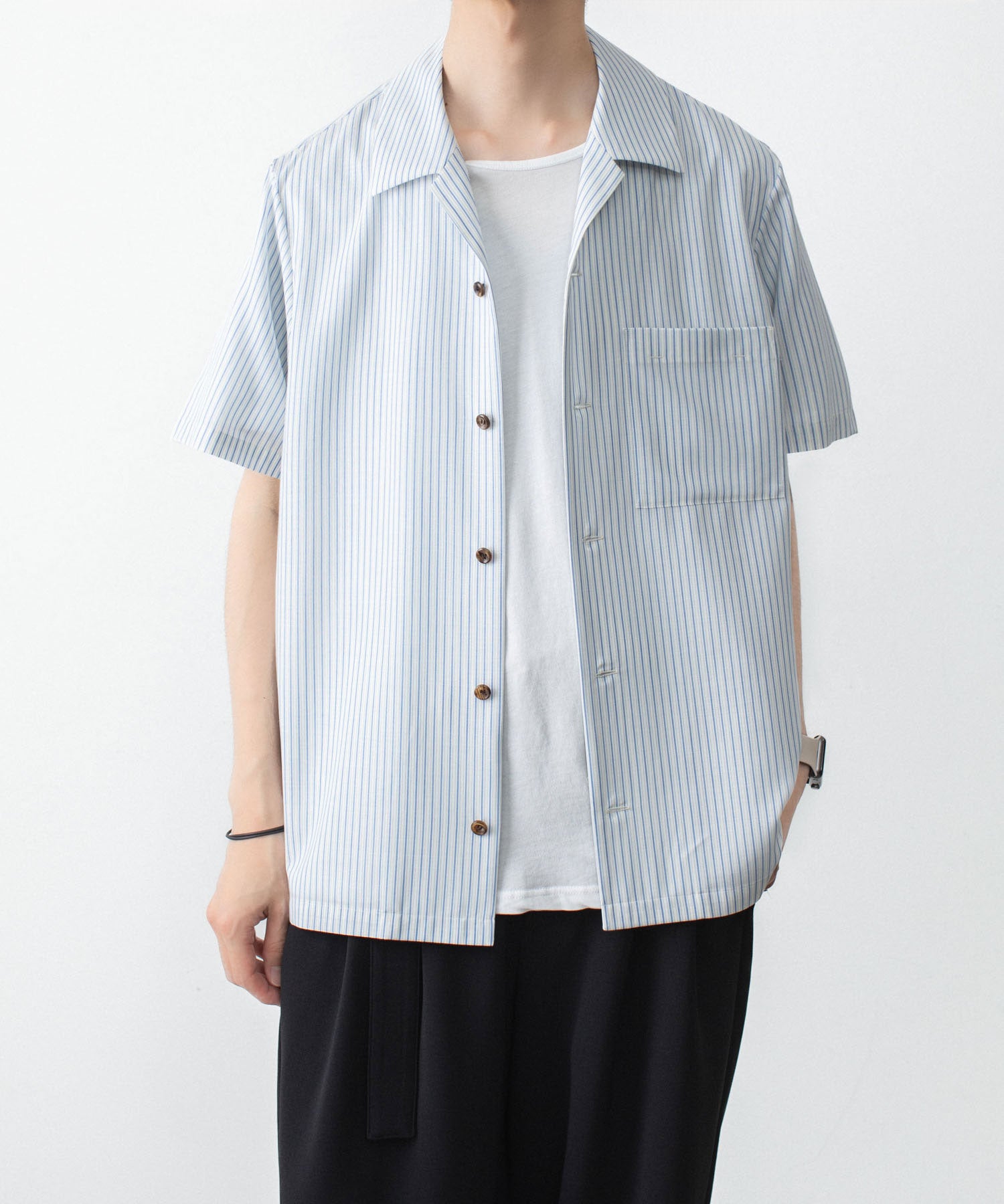ATTACHMENT /アタッチメント】WO/PE STRIPE OPEN COLLAR S/S SHIRT - S