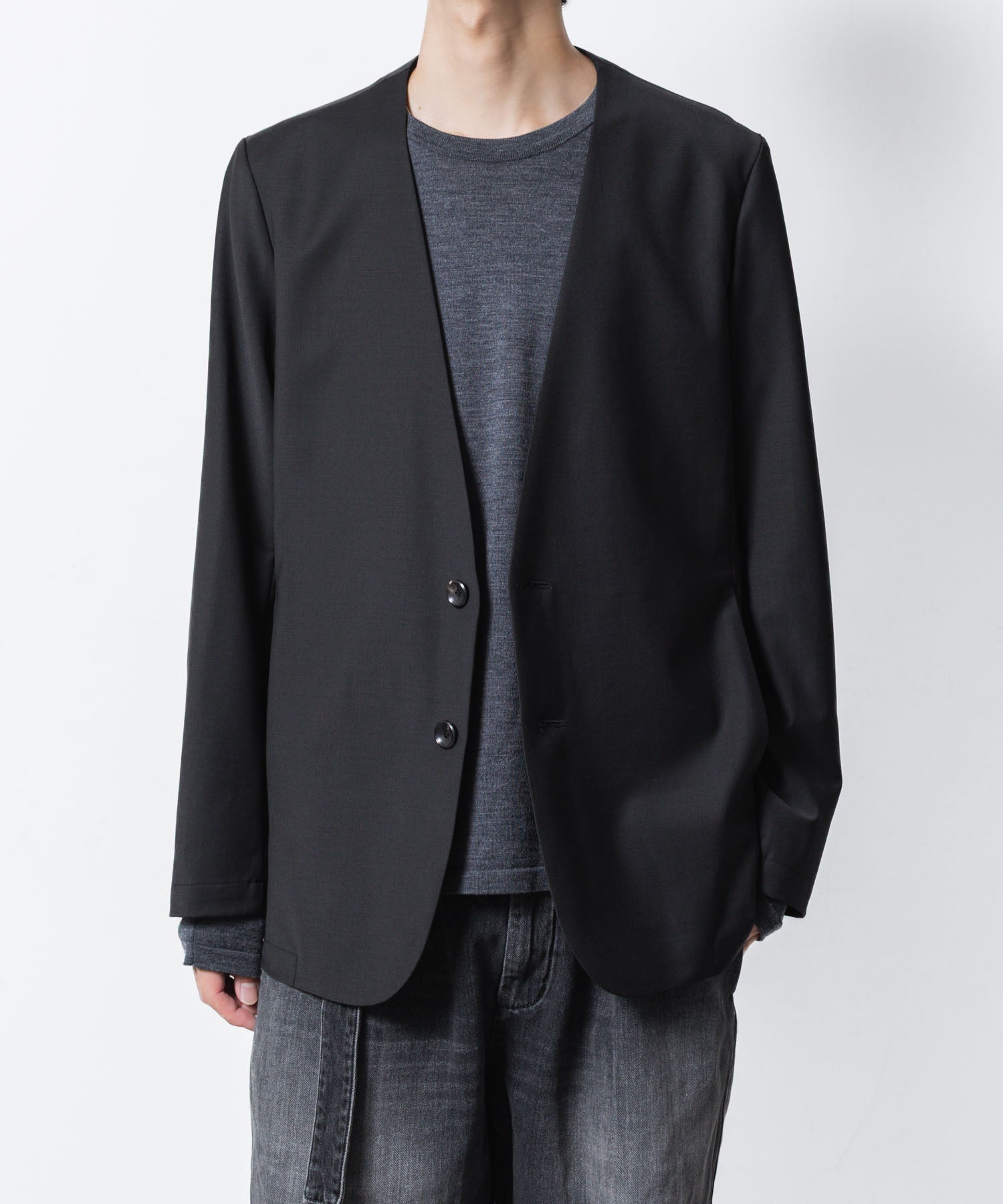 ATTACHMENT アタッチメントの2/80 PE/WO STRETCH TRO COLLARLESS JKT - BLACKの公式通販サイトsession福岡セレクトショップ