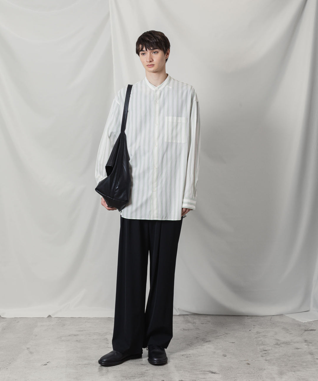 ATTACHMENT アタッチメントのCU/CO STRIPE TWILL BANDCOLLAR L/S SHIRT - S.GREENの公式通販サイトsession福岡セレクトショップ
