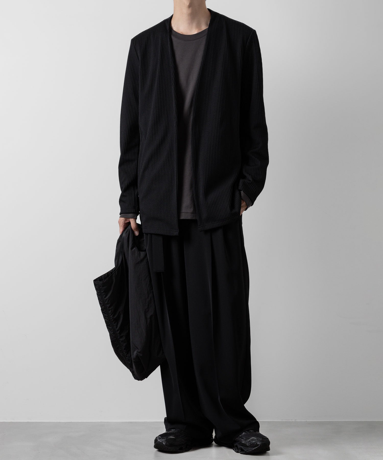 ATTACHMENT アタッチメントのPE STRETCH RIB COLLARLESS CARDIGAN - BLACK 公式通販サイトsession福岡セレクトショップ