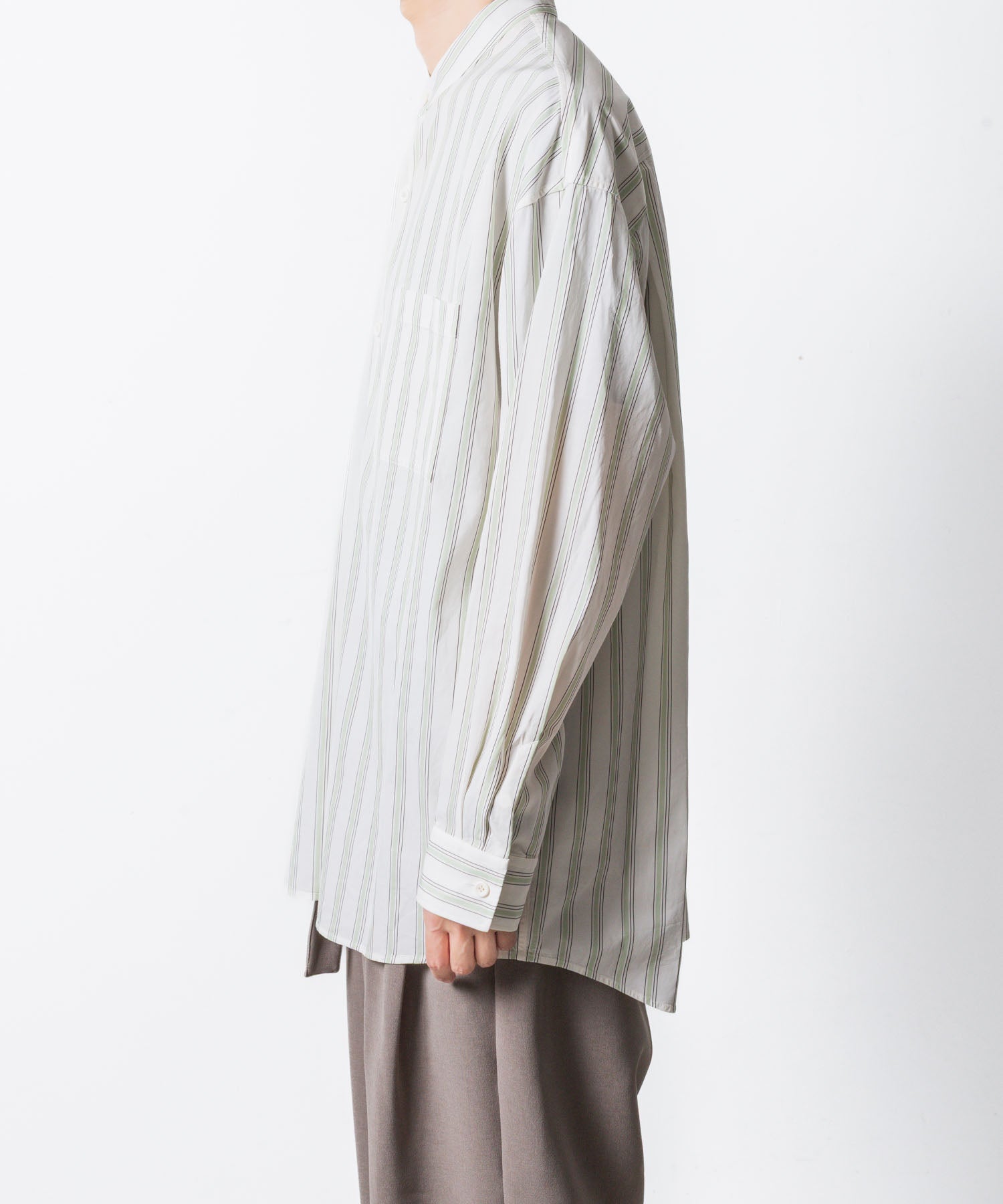 ATTACHMENT アタッチメントのCU/CO STRIPE TWILL BANDCOLLAR L/S SHIRT - S.GREENの公式通販サイトsession福岡セレクトショップ