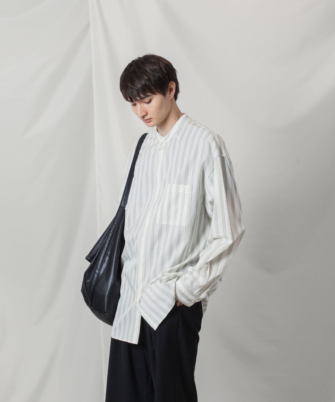 ATTACHMENT アタッチメントのCU/CO STRIPE TWILL BANDCOLLAR L/S SHIRT - S.GREENの公式通販サイトsession福岡セレクトショップ