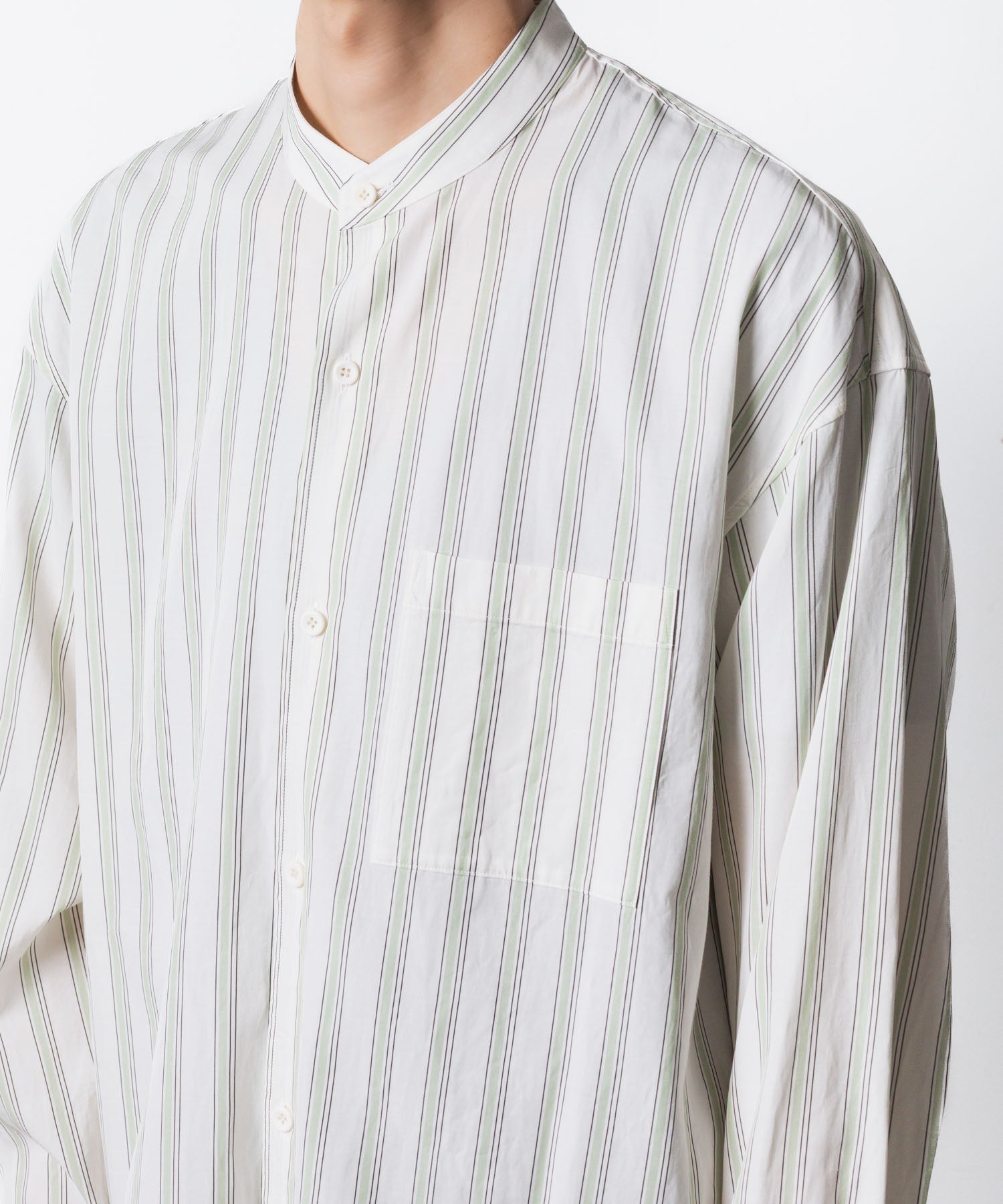 ATTACHMENT アタッチメントのCU/CO STRIPE TWILL BANDCOLLAR L/S SHIRT - S.GREENの公式通販サイトsession福岡セレクトショップ