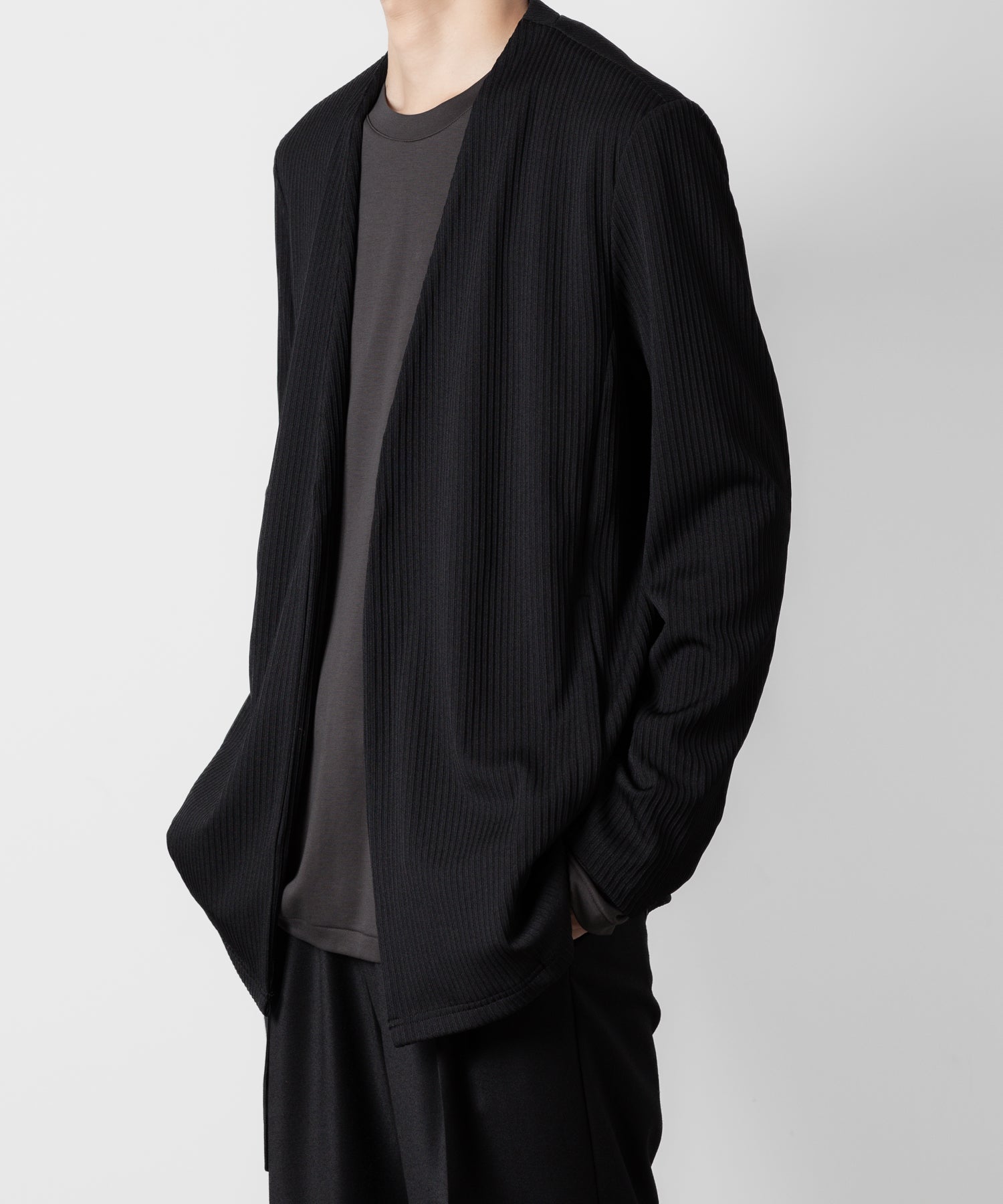 ATTACHMENT アタッチメントのPE STRETCH RIB COLLARLESS CARDIGAN - BLACK 公式通販サイトsession福岡セレクトショップ