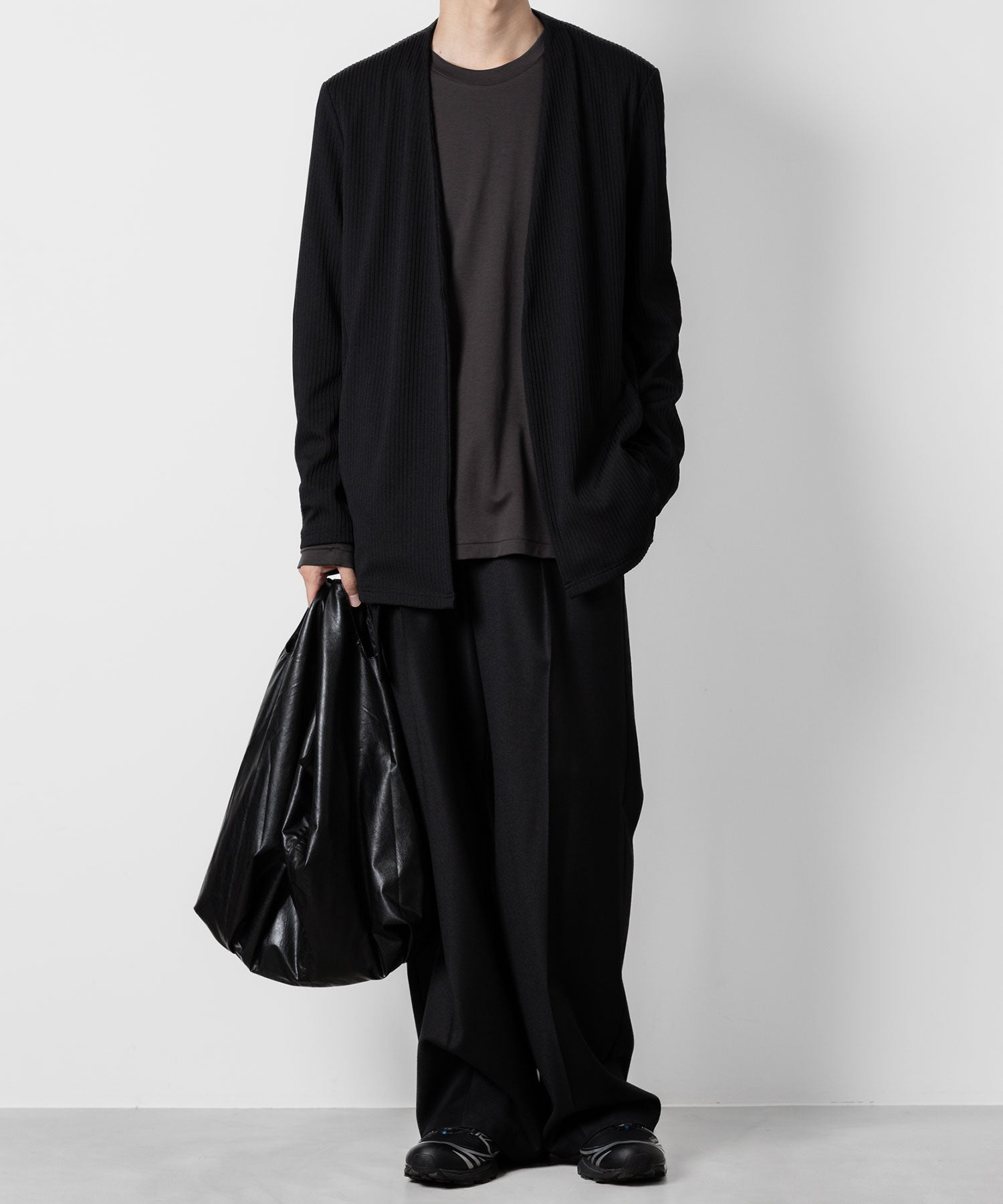 ATTACHMENT アタッチメントのPE STRETCH RIB COLLARLESS CARDIGAN - BLACK 公式通販サイトsession福岡セレクトショップ