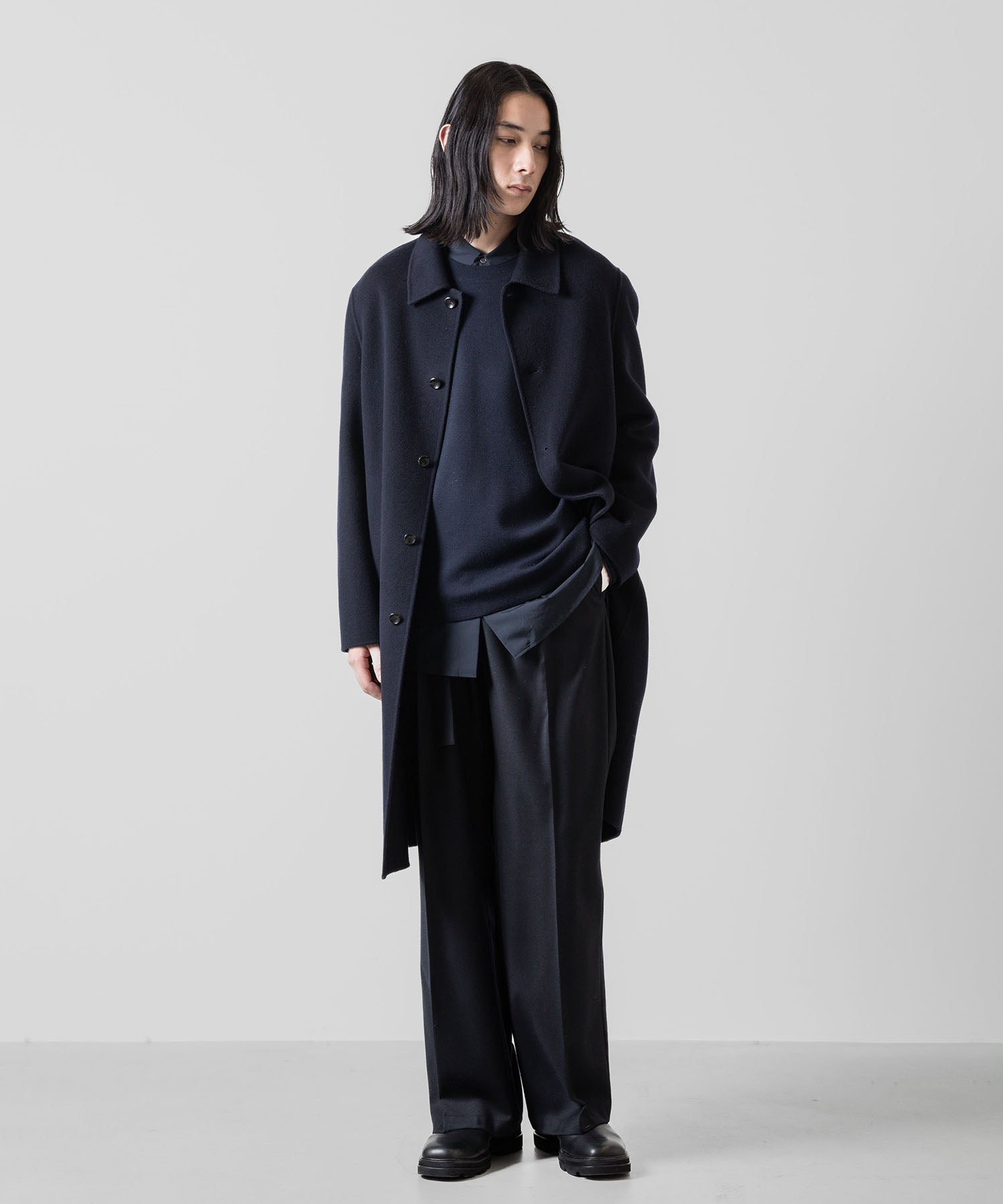 ATTACHMENT アタッチメントのWASHABLE WO/PE STRETCH SAXONY BELTED WIDE TROUSERS - NAVY 公式通販サイトsession福岡セレクトショップ