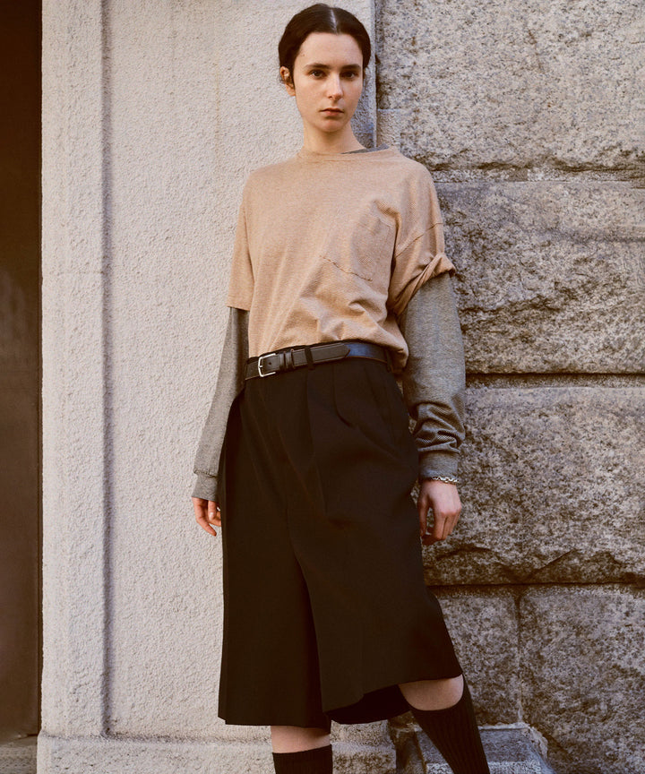 【INTÉRIM】PURE BLACK WOOL GABARDINE WIDE SLACKS SHORTS - BLACK