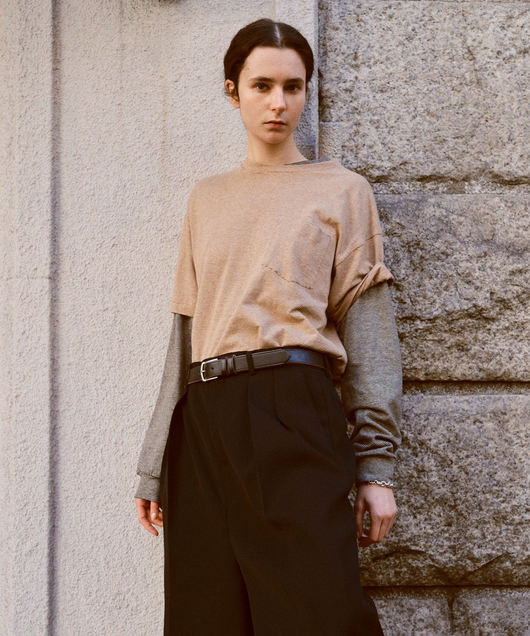 INTÉRIM - インテリムのCOTTON HEMP BORDER LONG TEEのBLACK公式通販サイトsession福岡セレクトショップ