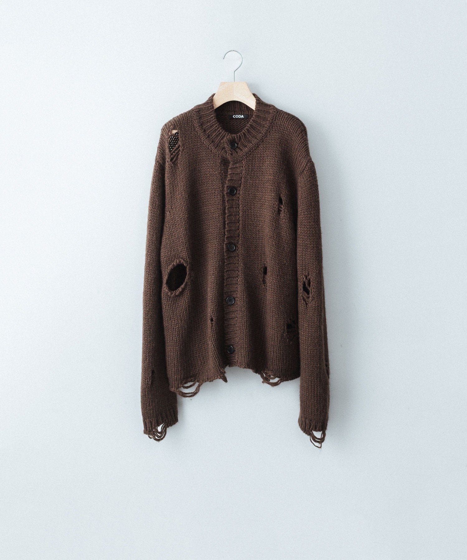 CODA / コーダ】DARK BROWN 90S' ROUND NECK THRASHED CARDIGAN