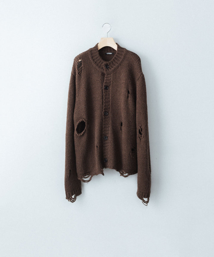 【CODA】DARK BROWN 90S’ ROUND NECK THRASHED CARDIGAN - BROWN