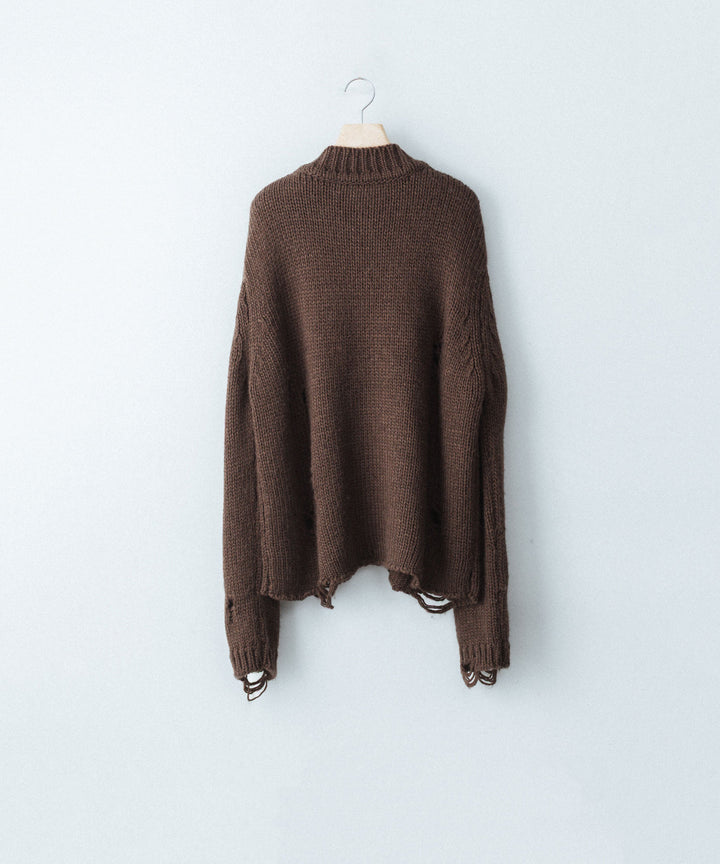 【CODA】DARK BROWN 90S’ ROUND NECK THRASHED CARDIGAN - BROWN