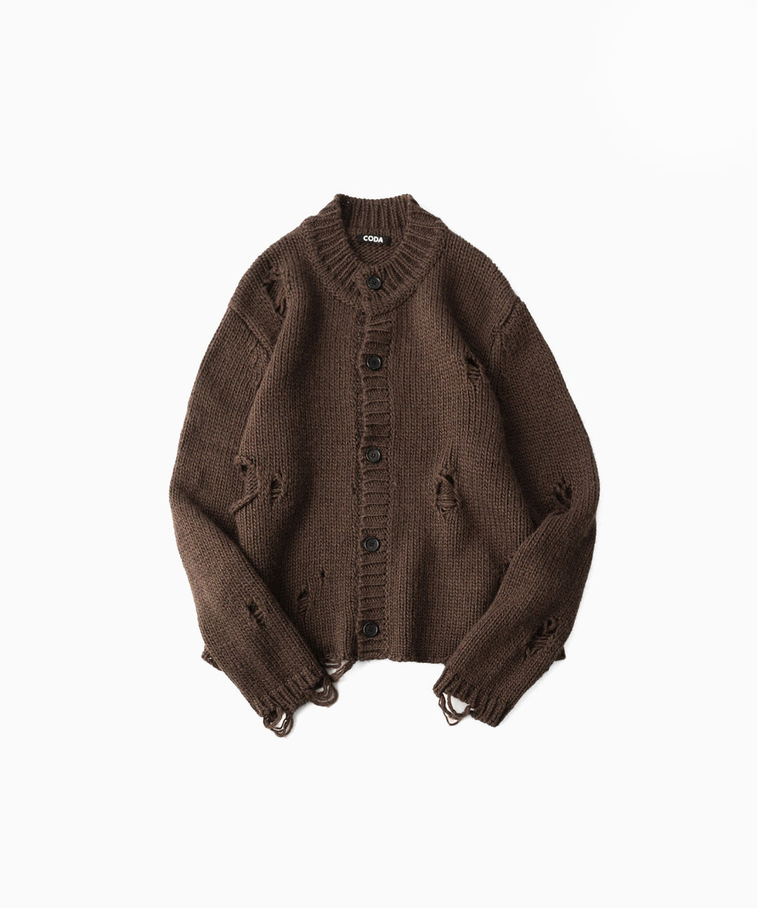 【CODA】DARK BROWN 90S’ ROUND NECK THRASHED CARDIGAN - BROWN