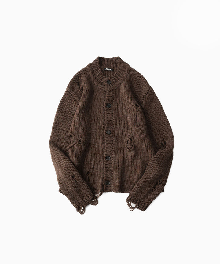 【CODA】DARK BROWN 90S’ ROUND NECK THRASHED CARDIGAN - BROWN