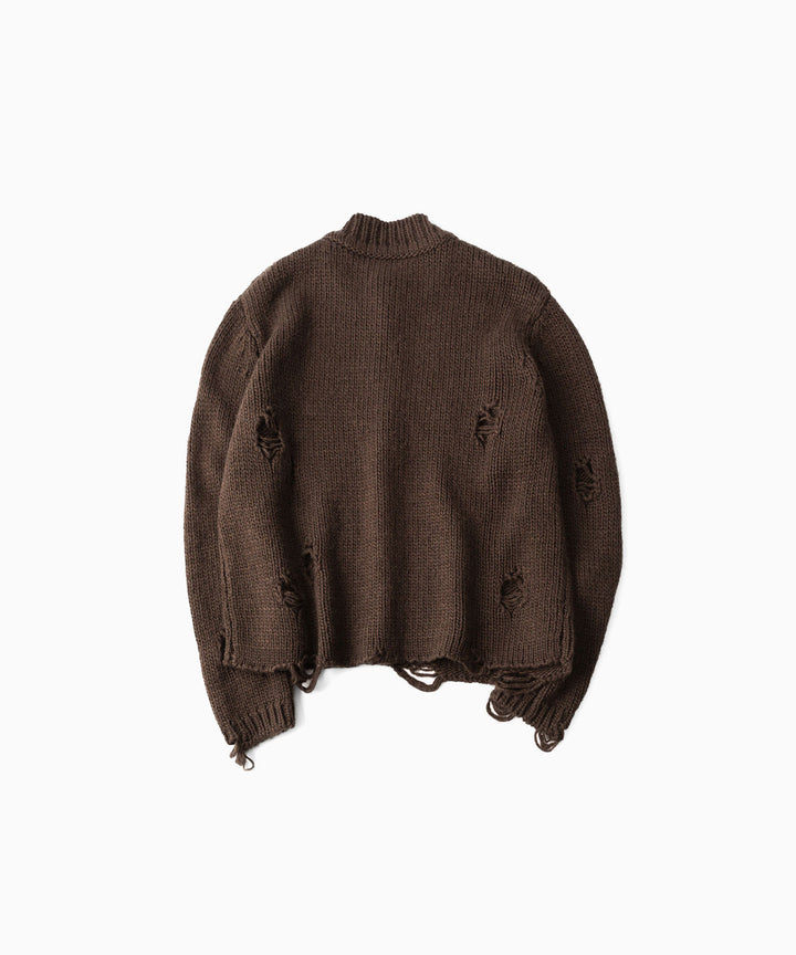 【CODA】DARK BROWN 90S’ ROUND NECK THRASHED CARDIGAN - BROWN